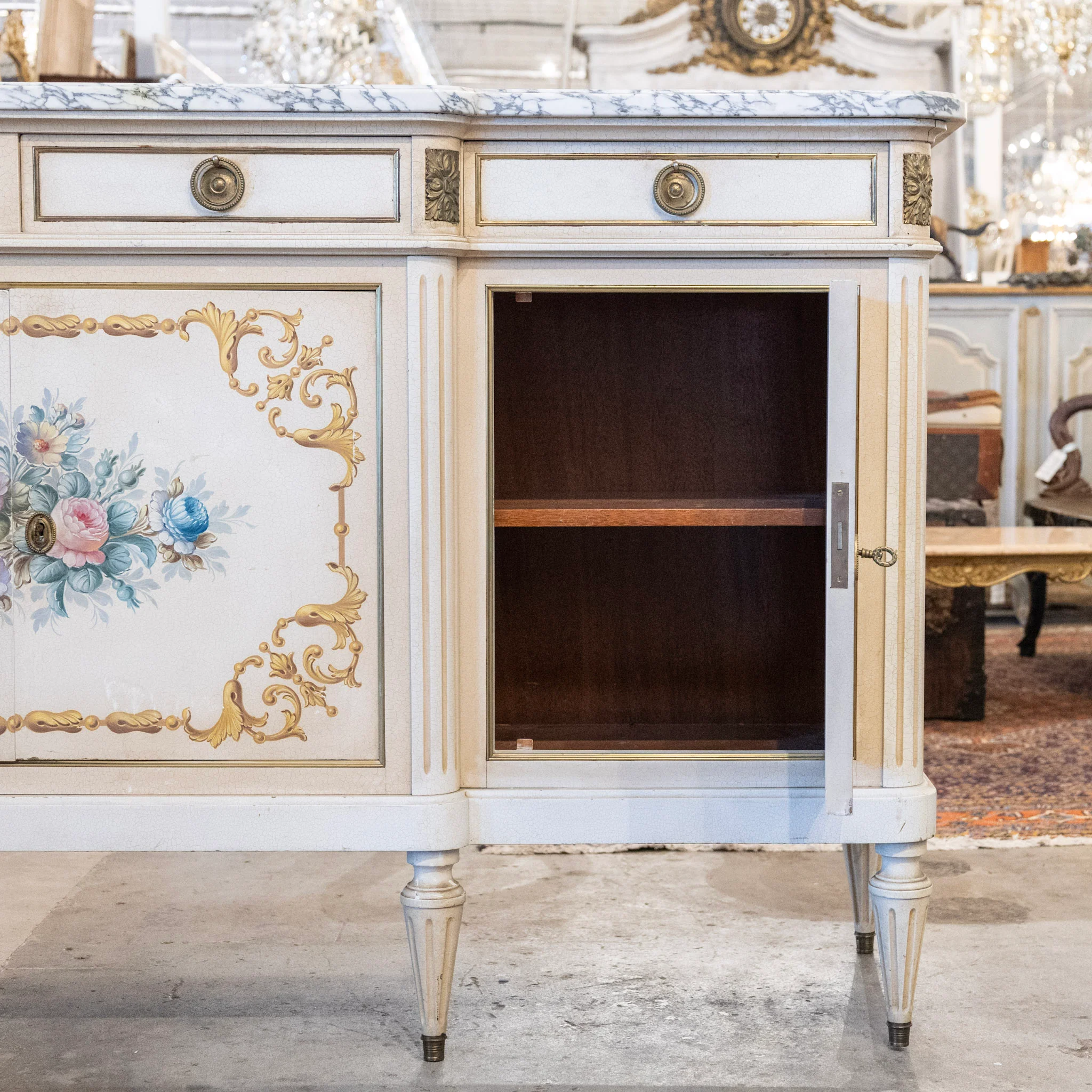 French White Hand-Painted Sideboard – Crackle Finish & Original Marble Top - Image 6