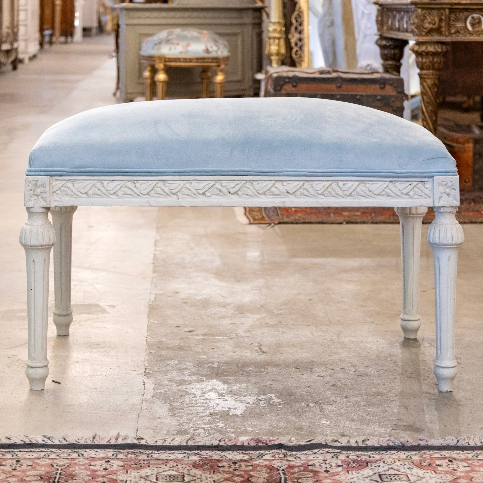 French White Painted Bench – Blue Velvet Upholstery