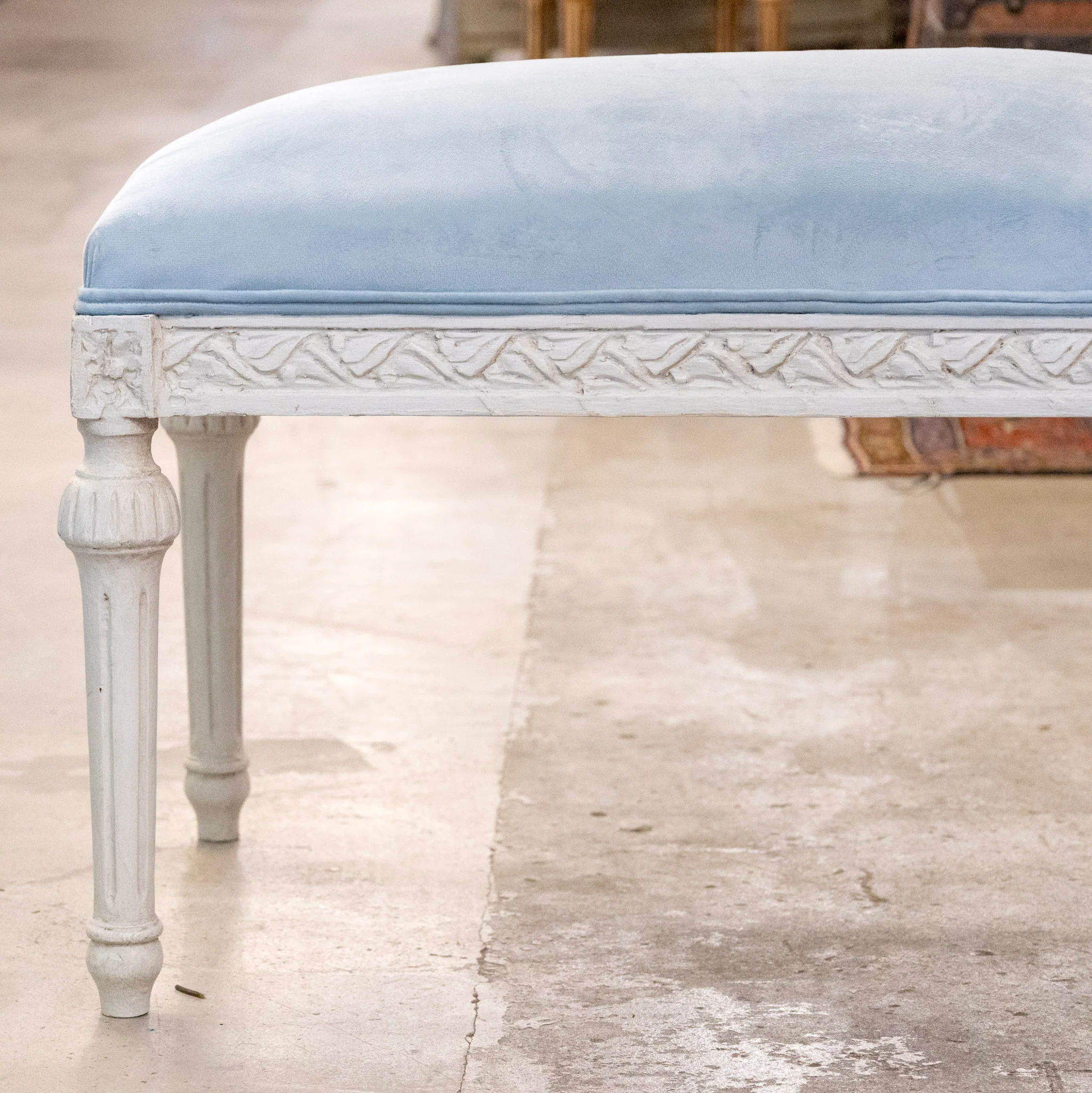 French White Painted Bench – Blue Velvet Upholstery - Image 2