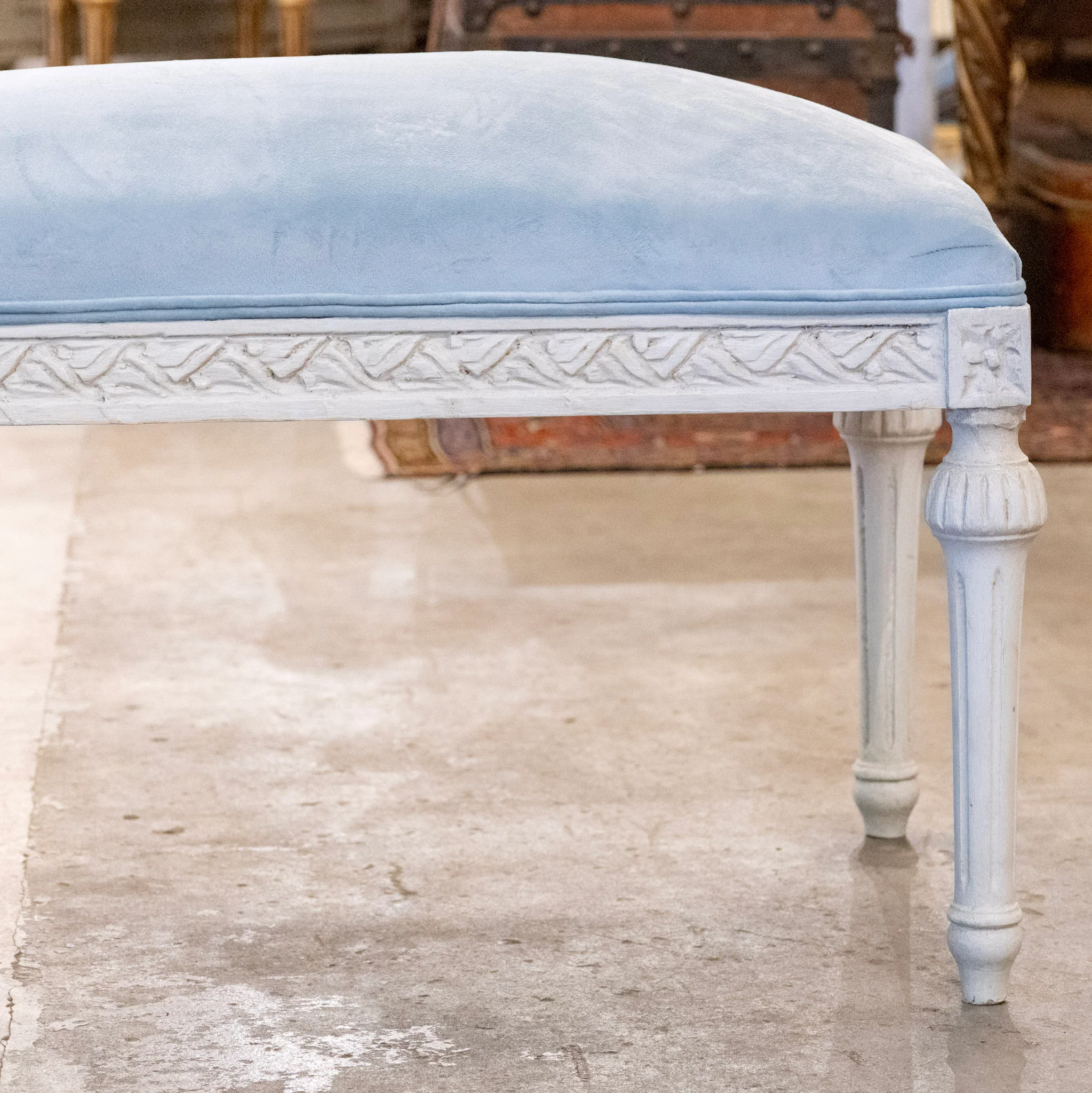 French White Painted Bench – Blue Velvet Upholstery - Image 3
