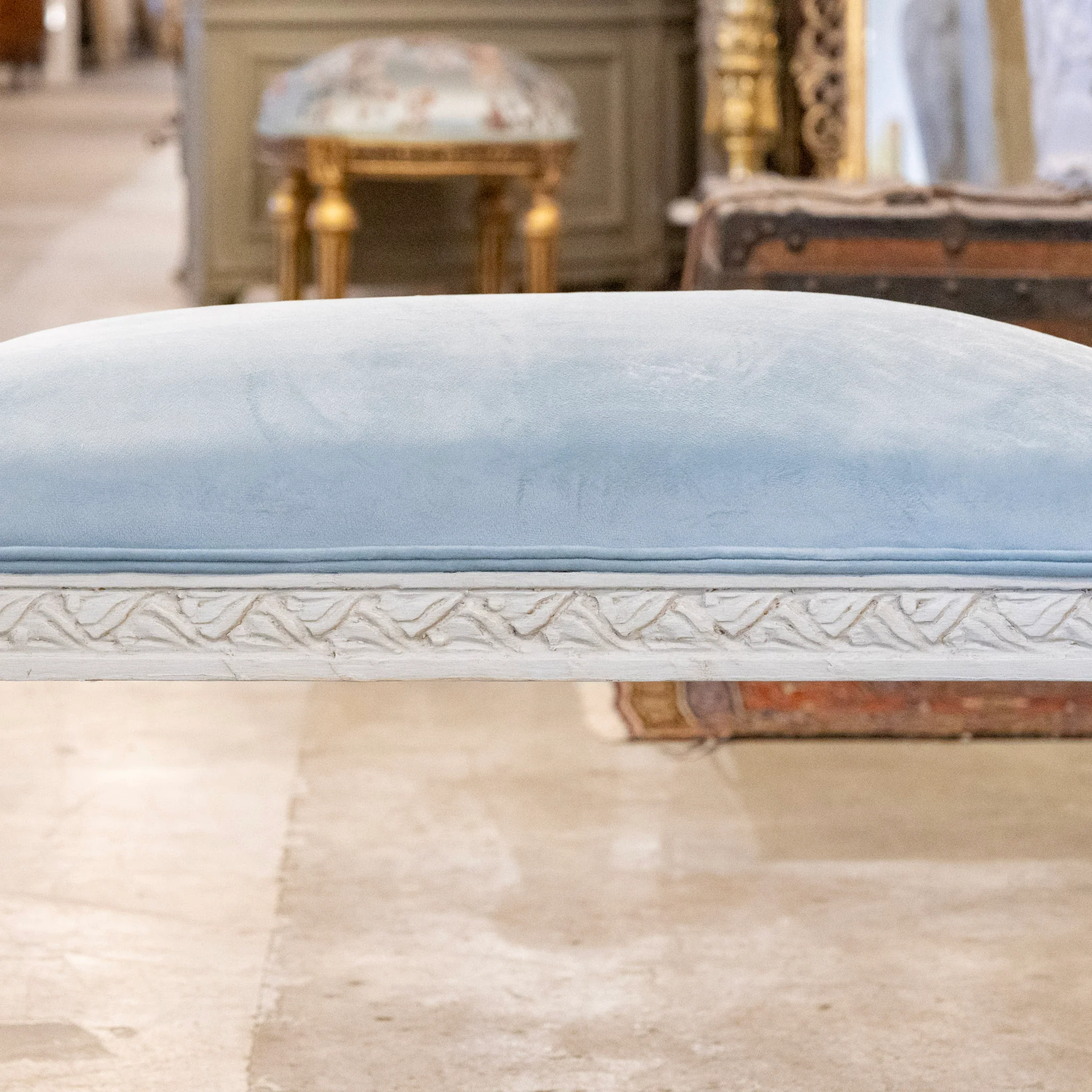 French White Painted Bench – Blue Velvet Upholstery - Image 4