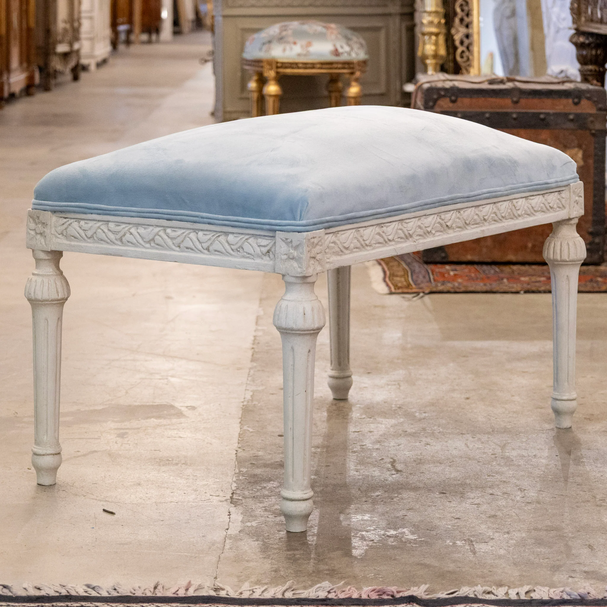 French White Painted Bench – Blue Velvet Upholstery - Image 5