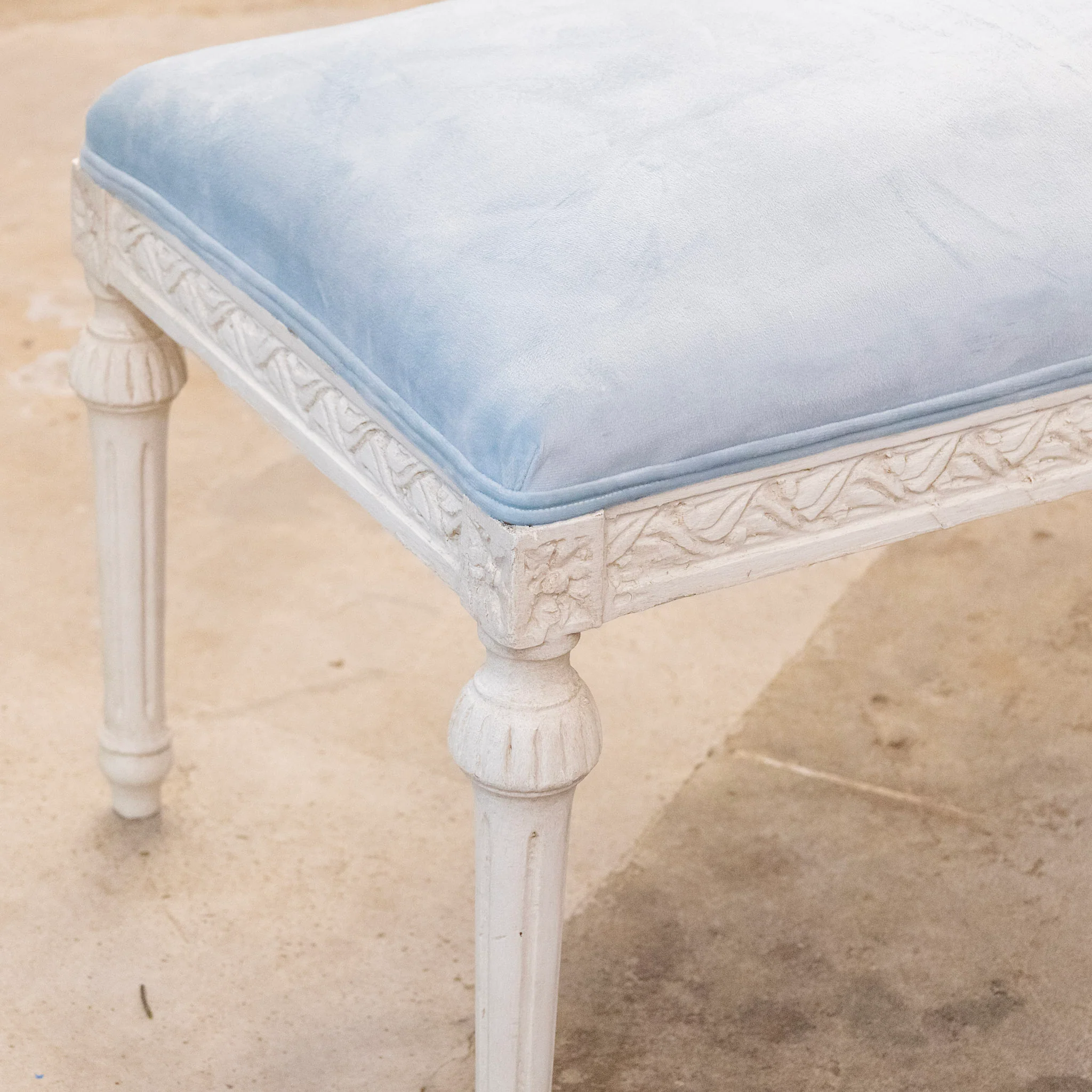 French White Painted Bench – Blue Velvet Upholstery - Image 6