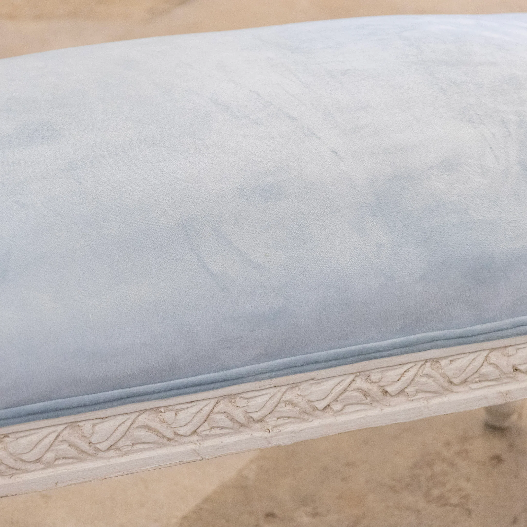 French White Painted Bench – Blue Velvet Upholstery - Image 7