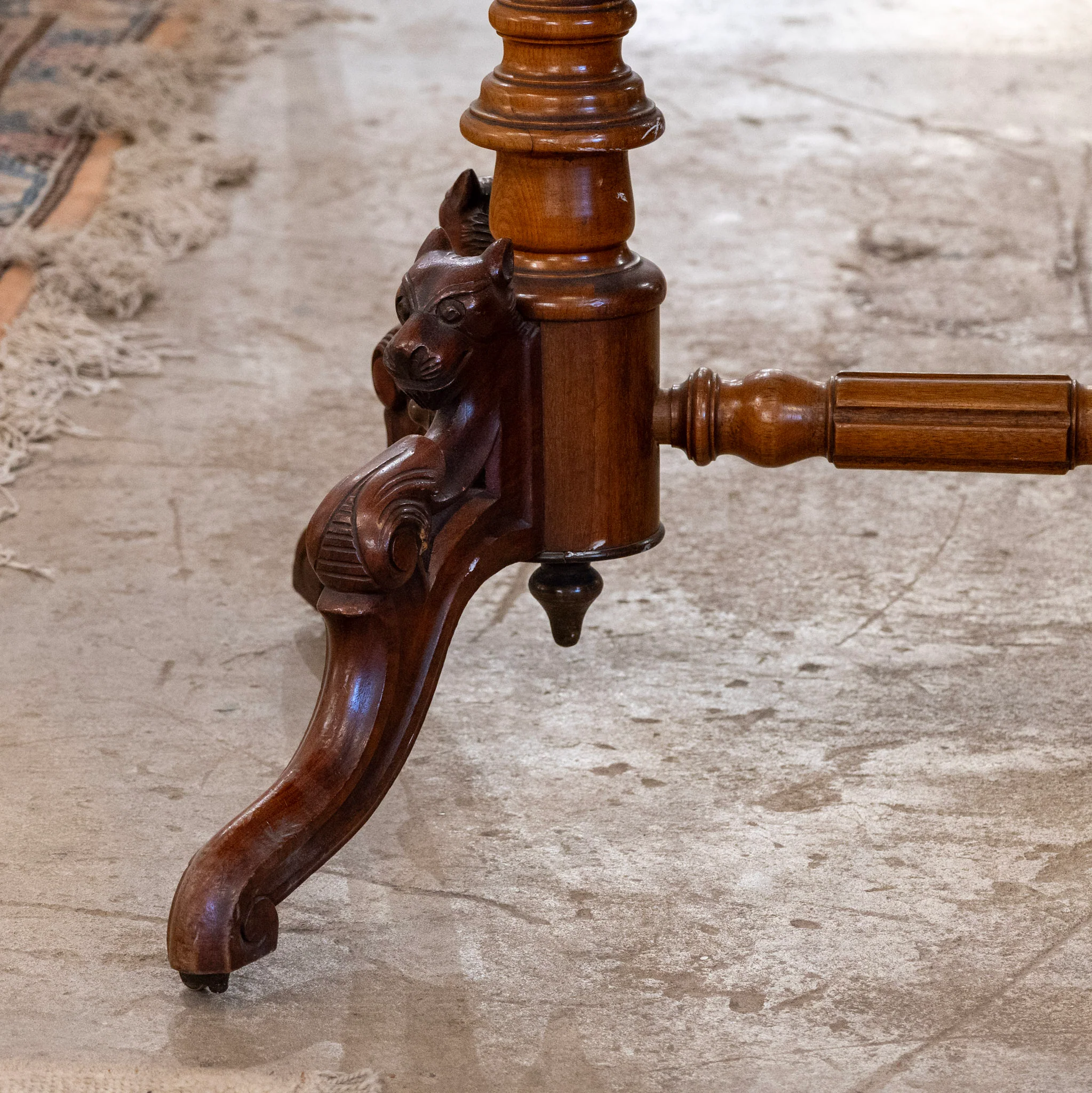French Wood Desk – Burl Wood Top & Carved Lion Legs on Casters - Image 10