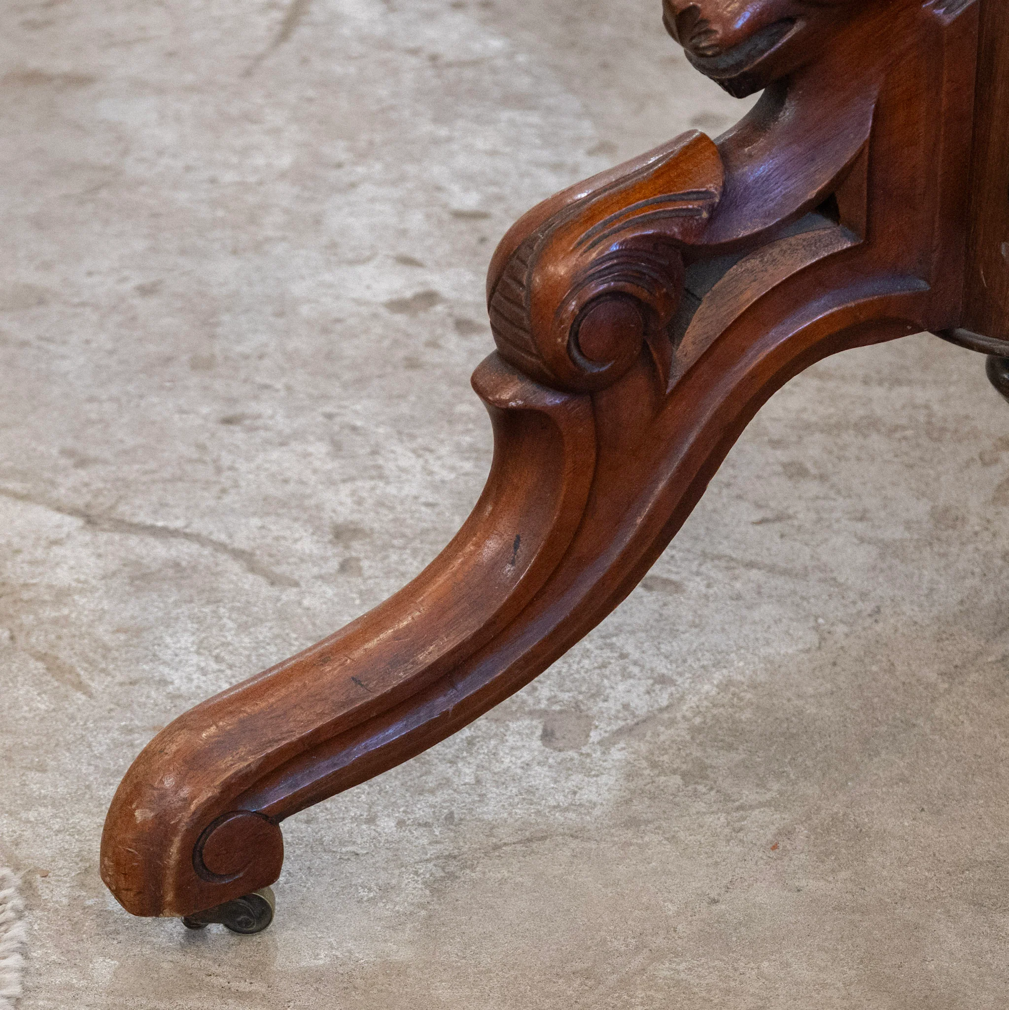 French Wood Desk – Burl Wood Top & Carved Lion Legs on Casters - Image 11