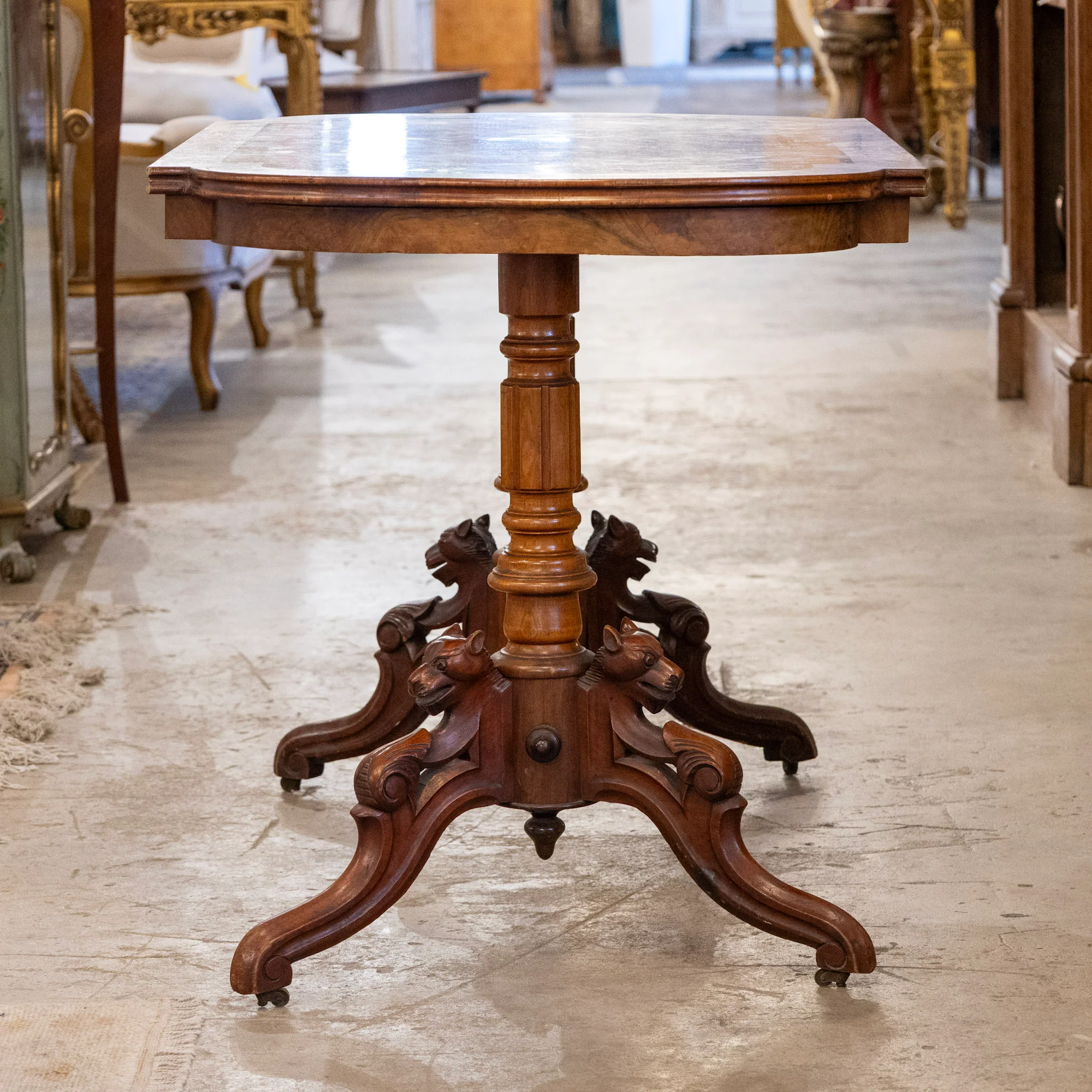 French Wood Desk – Burl Wood Top & Carved Lion Legs on Casters - Image 3