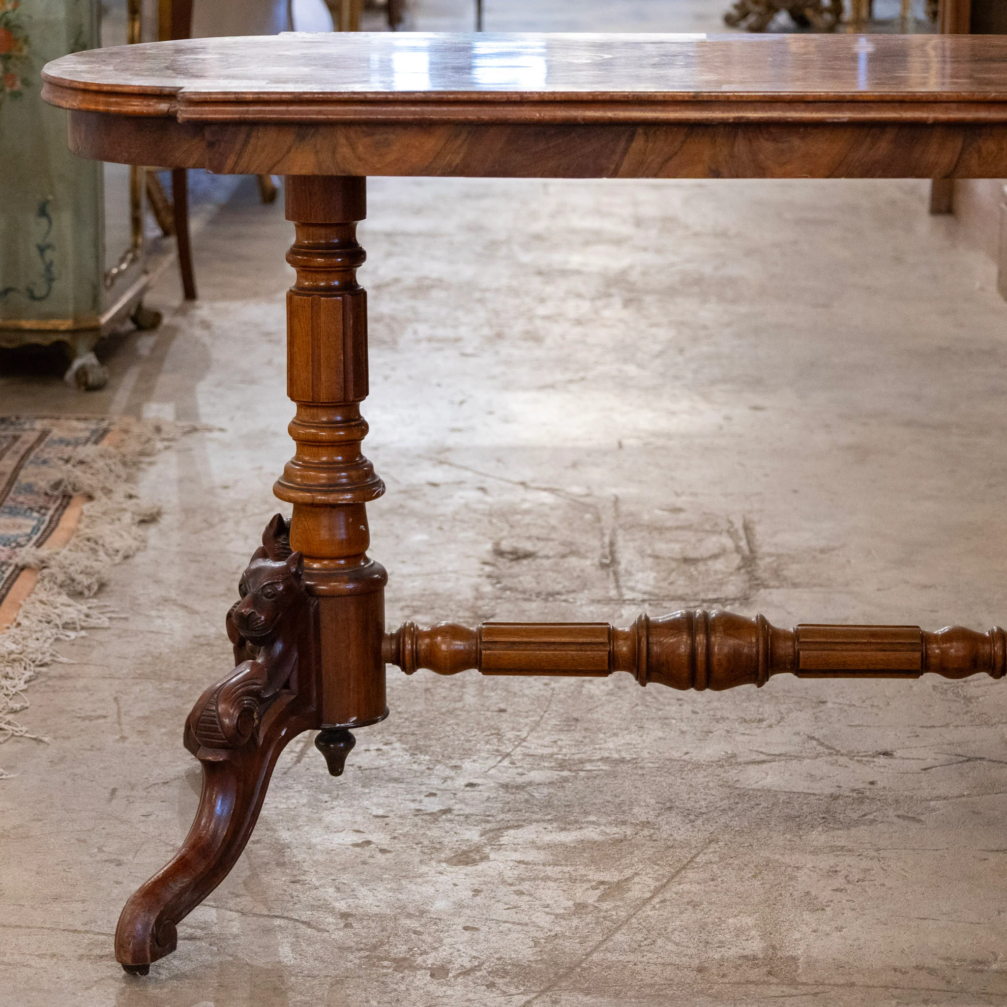 French Wood Desk – Burl Wood Top & Carved Lion Legs on Casters - Image 4