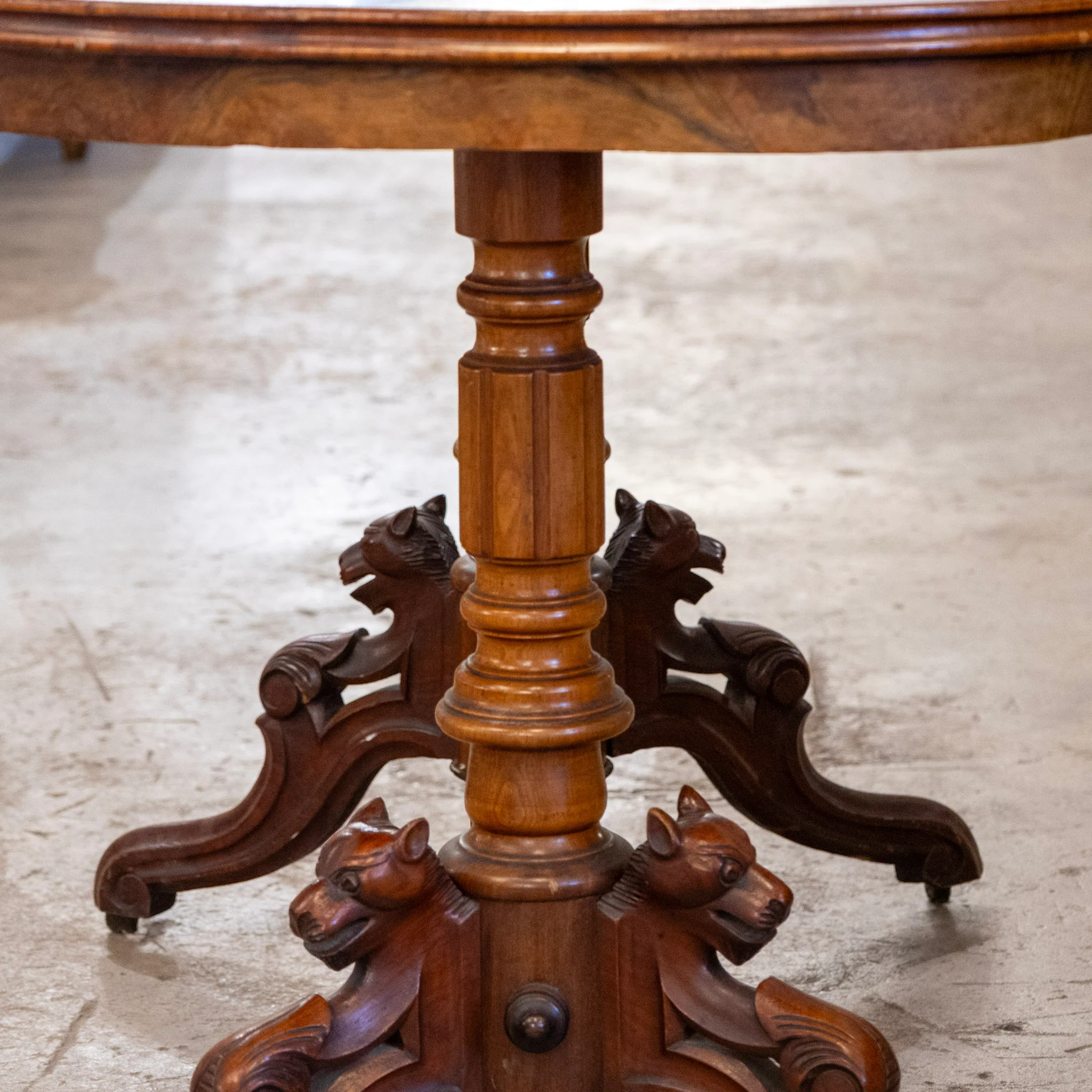 French Wood Desk – Burl Wood Top & Carved Lion Legs on Casters - Image 5