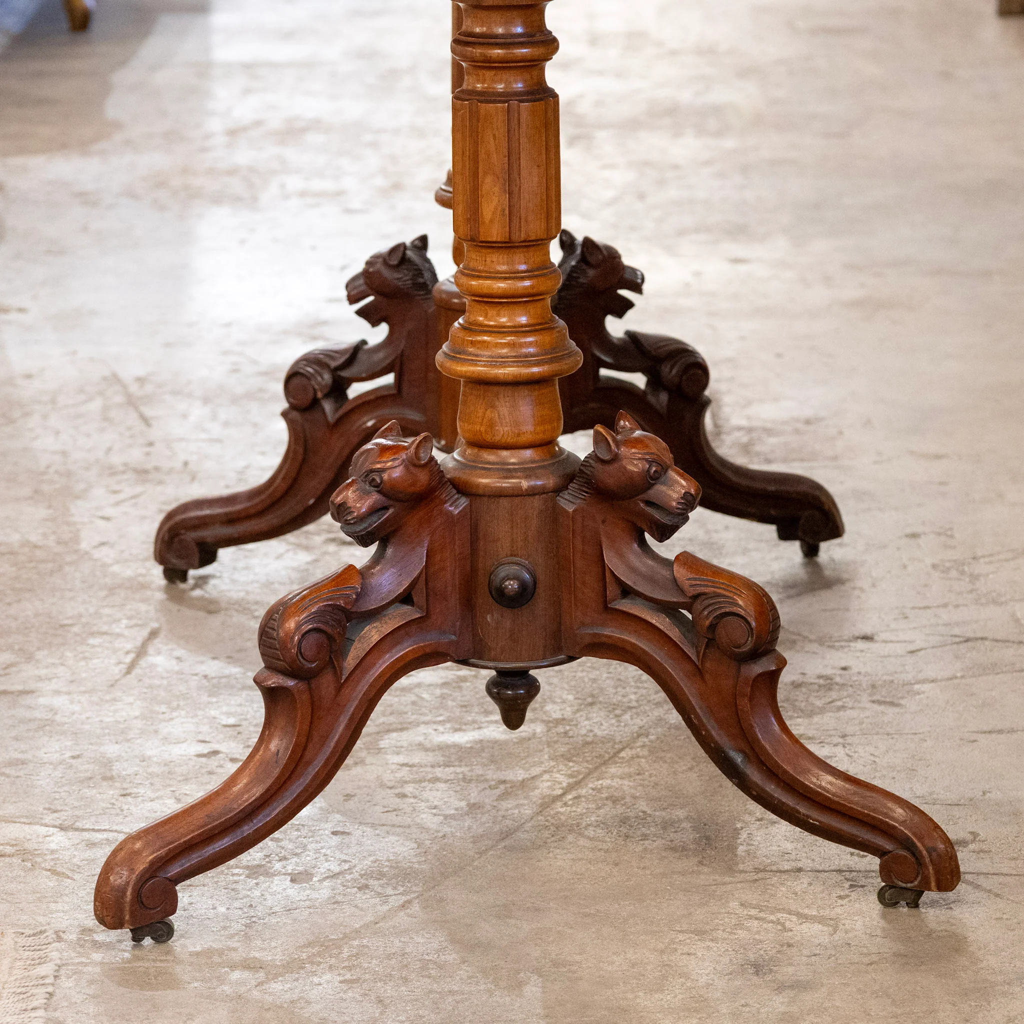 French Wood Desk – Burl Wood Top & Carved Lion Legs on Casters - Image 6