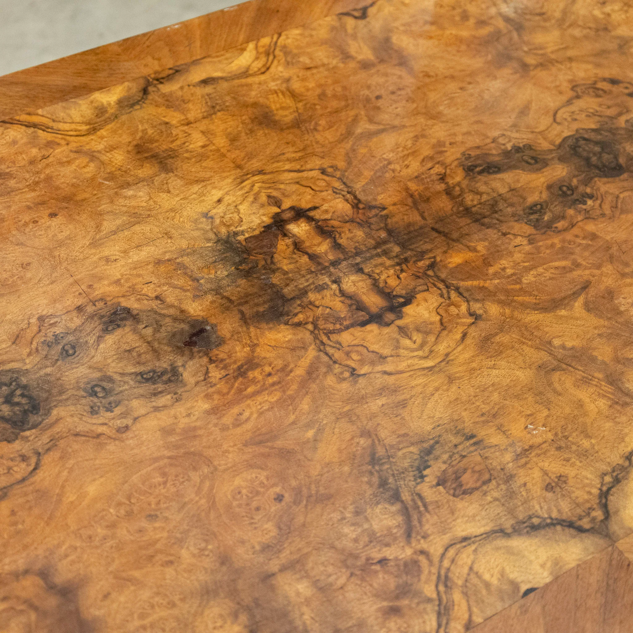 French Wood Desk – Burl Wood Top & Carved Lion Legs on Casters - Image 7