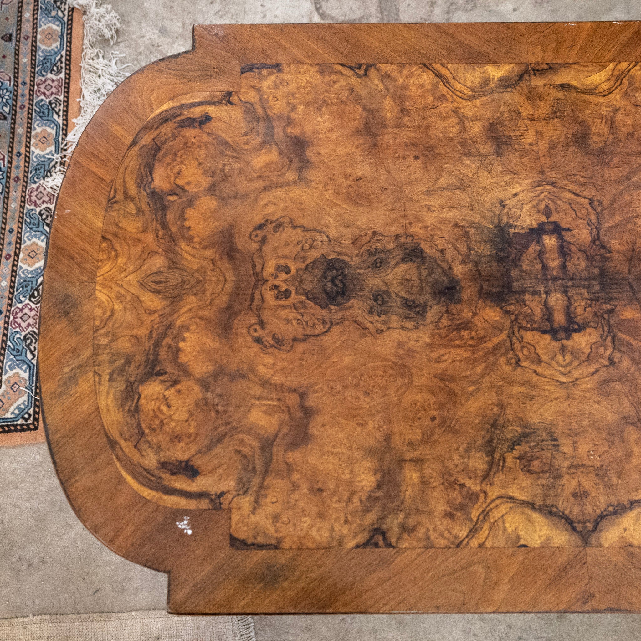 French Wood Desk – Burl Wood Top & Carved Lion Legs on Casters - Image 8