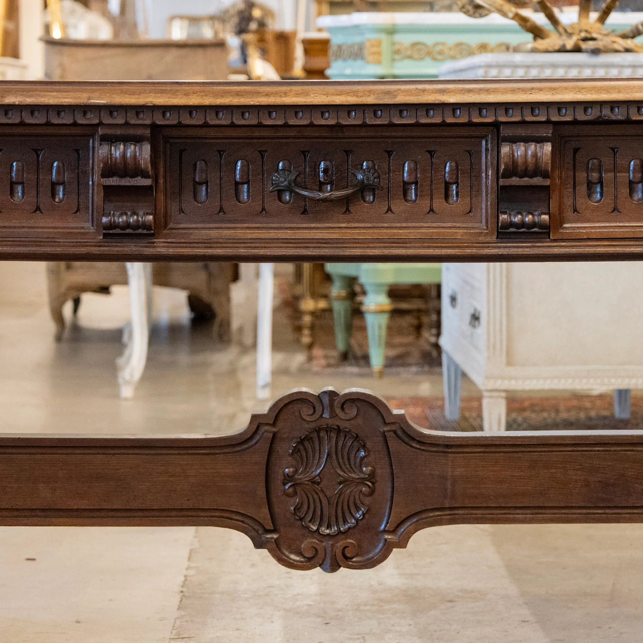 French Writing Desk – Carved Pedestal Base & Claw Feet - Image 4