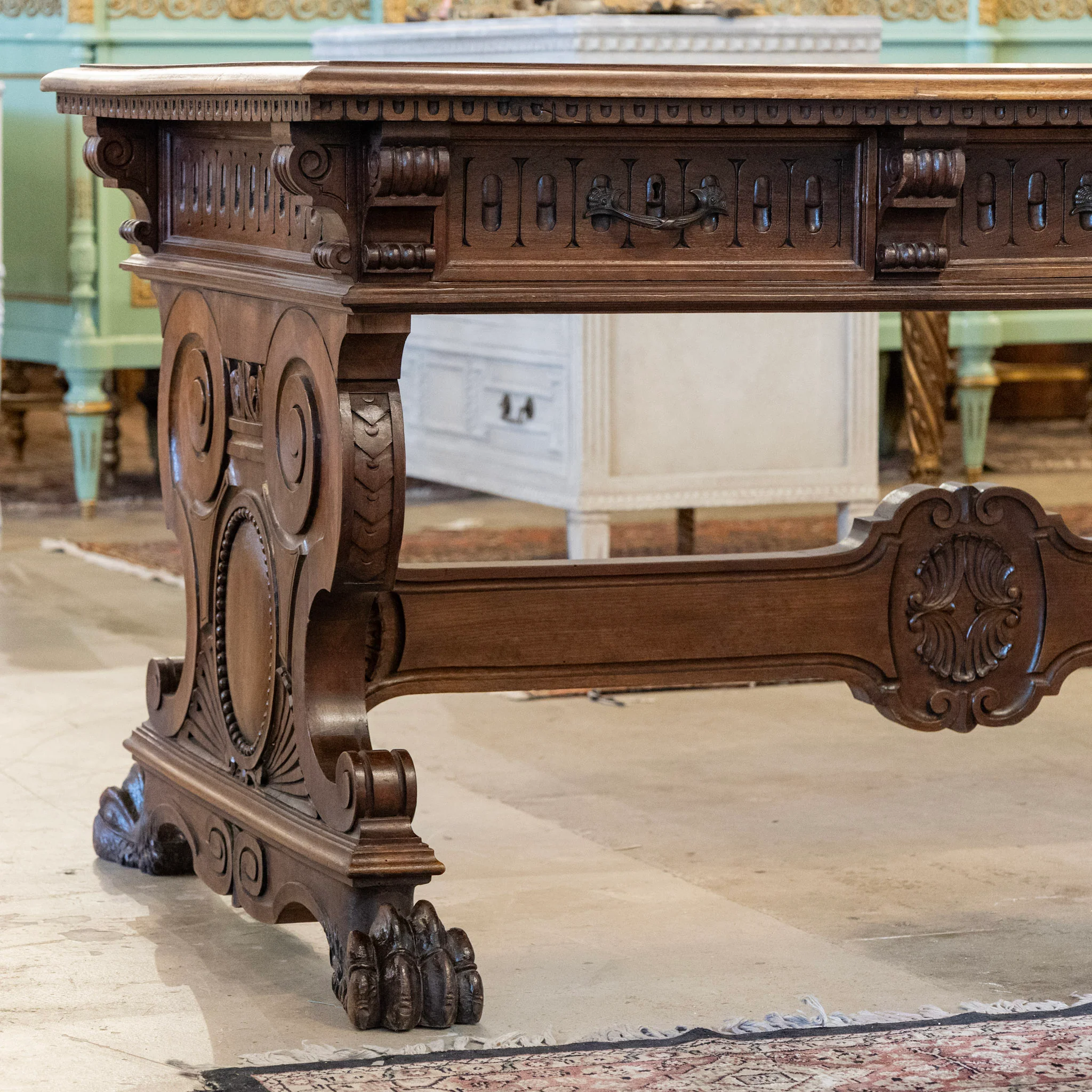 French Writing Desk – Carved Pedestal Base & Claw Feet - Image 5