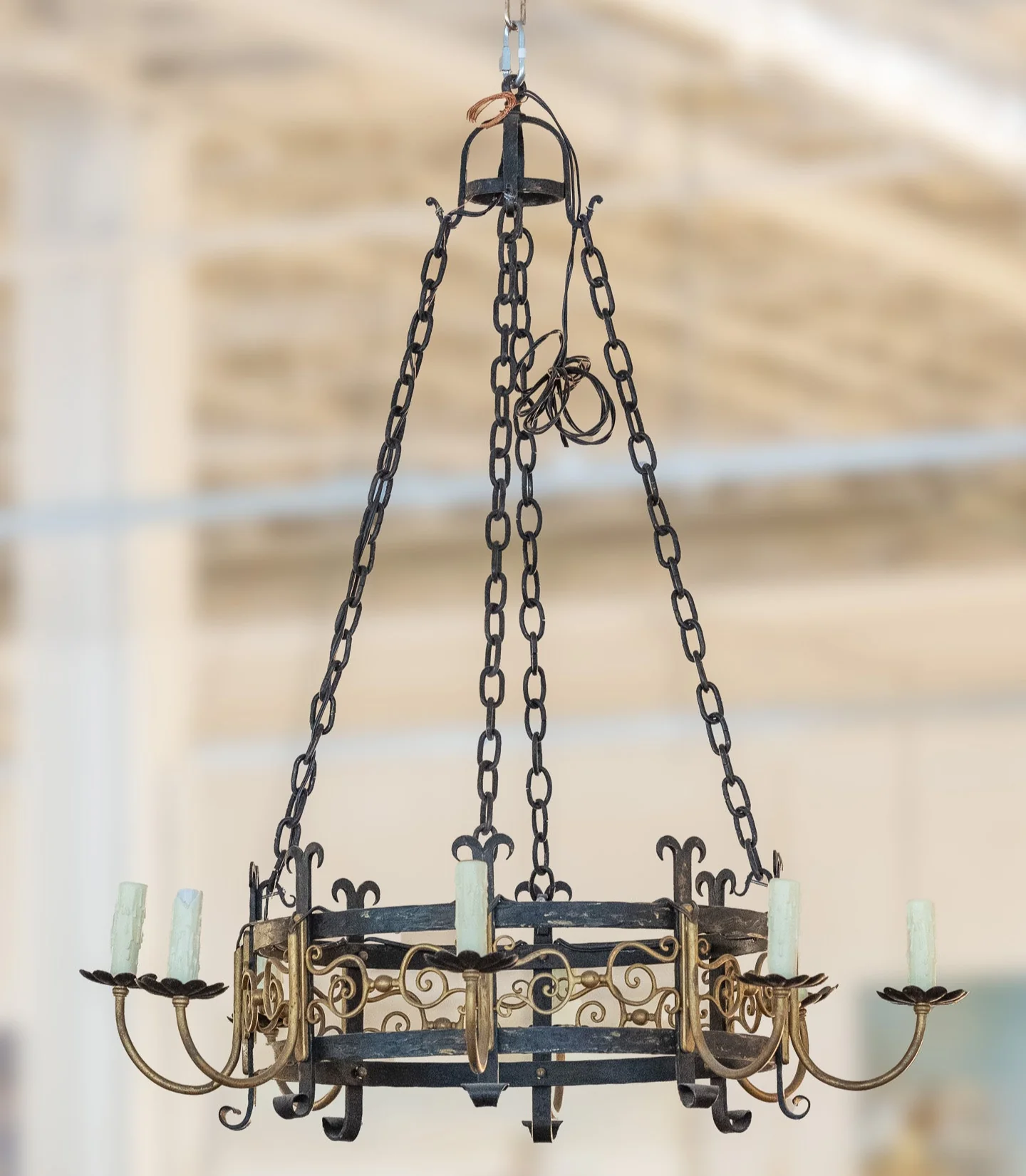 French Wrought Iron & Brass Chandelier