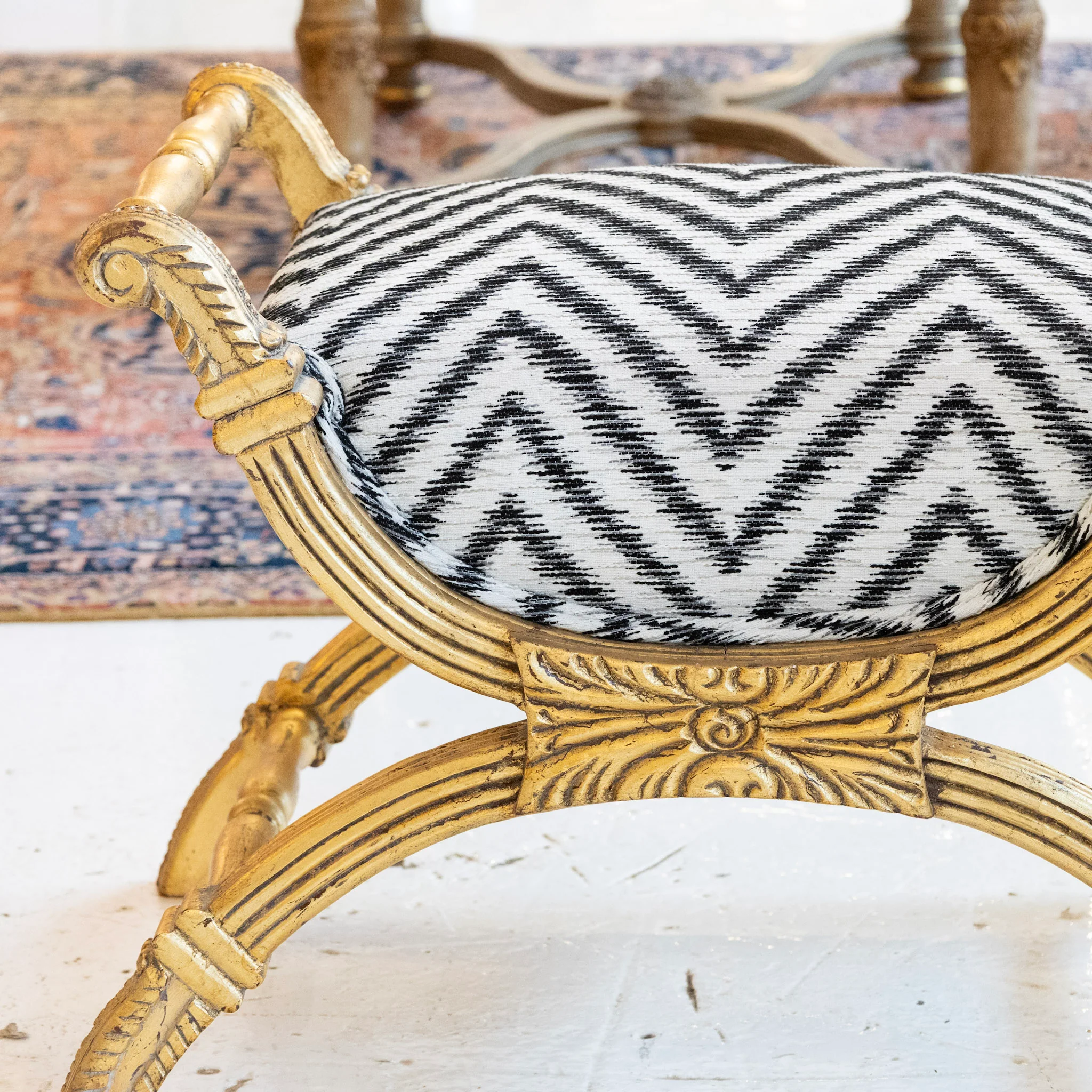 Gilded Boudoir Stool – Black and White Linen Chevron Upholstery - Image 3