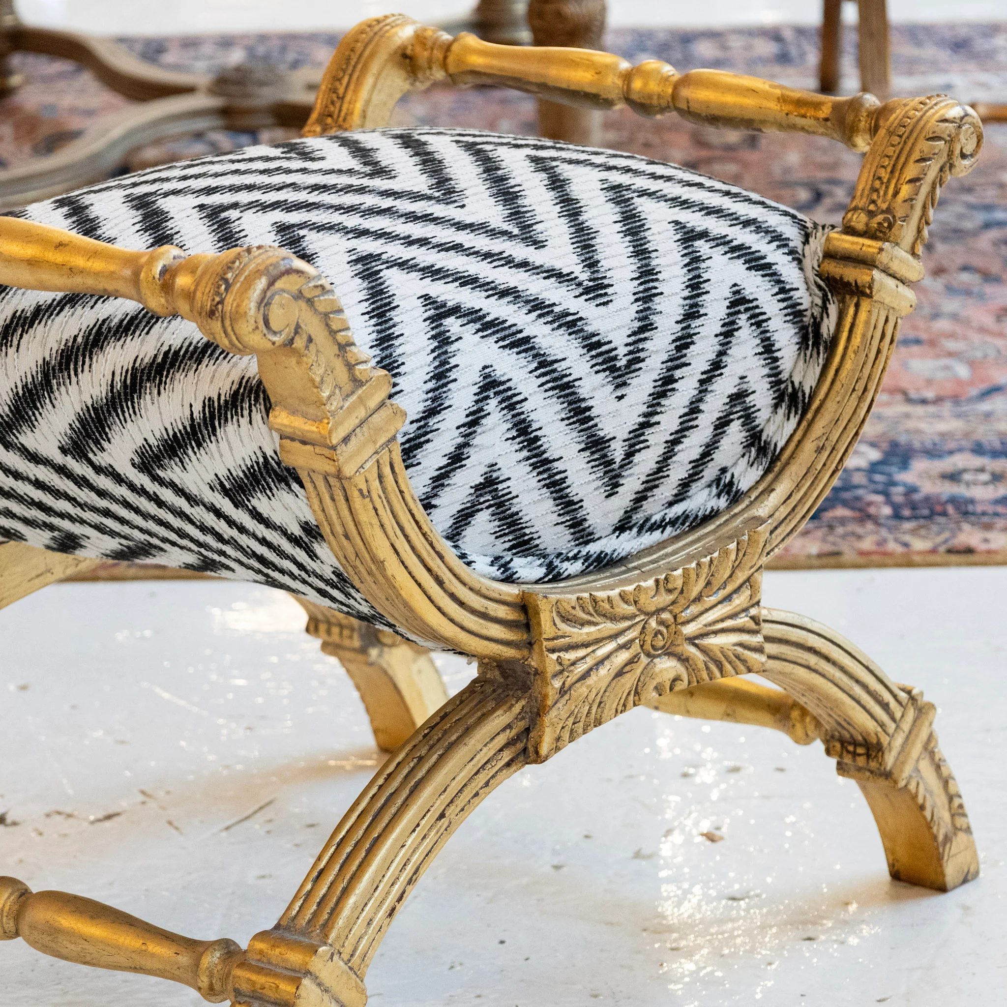 Gilded Boudoir Stool – Black and White Linen Chevron Upholstery - Image 4
