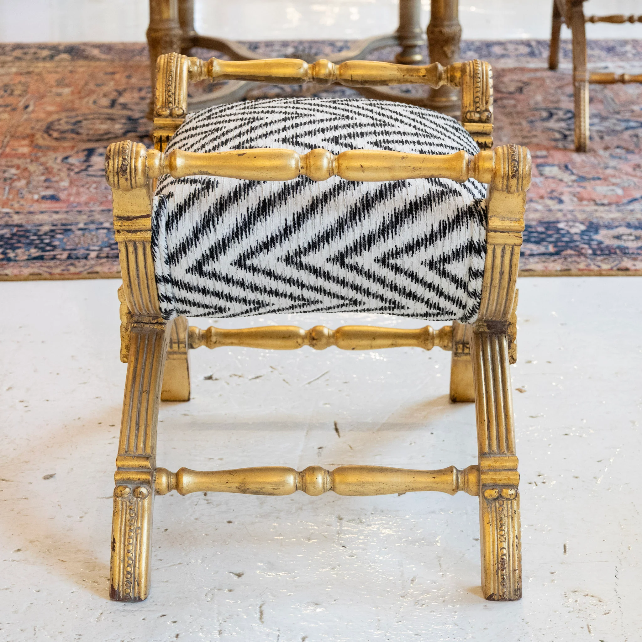 Gilded Boudoir Stool – Black and White Linen Chevron Upholstery - Image 5