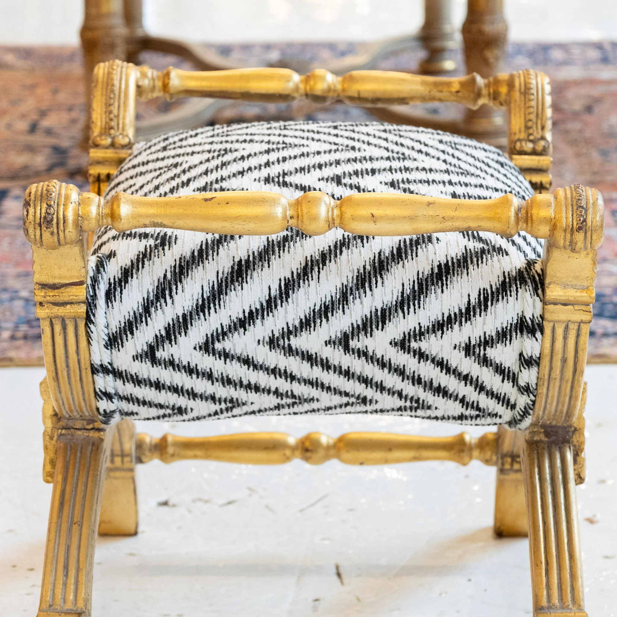 Gilded Boudoir Stool – Black and White Linen Chevron Upholstery - Image 6