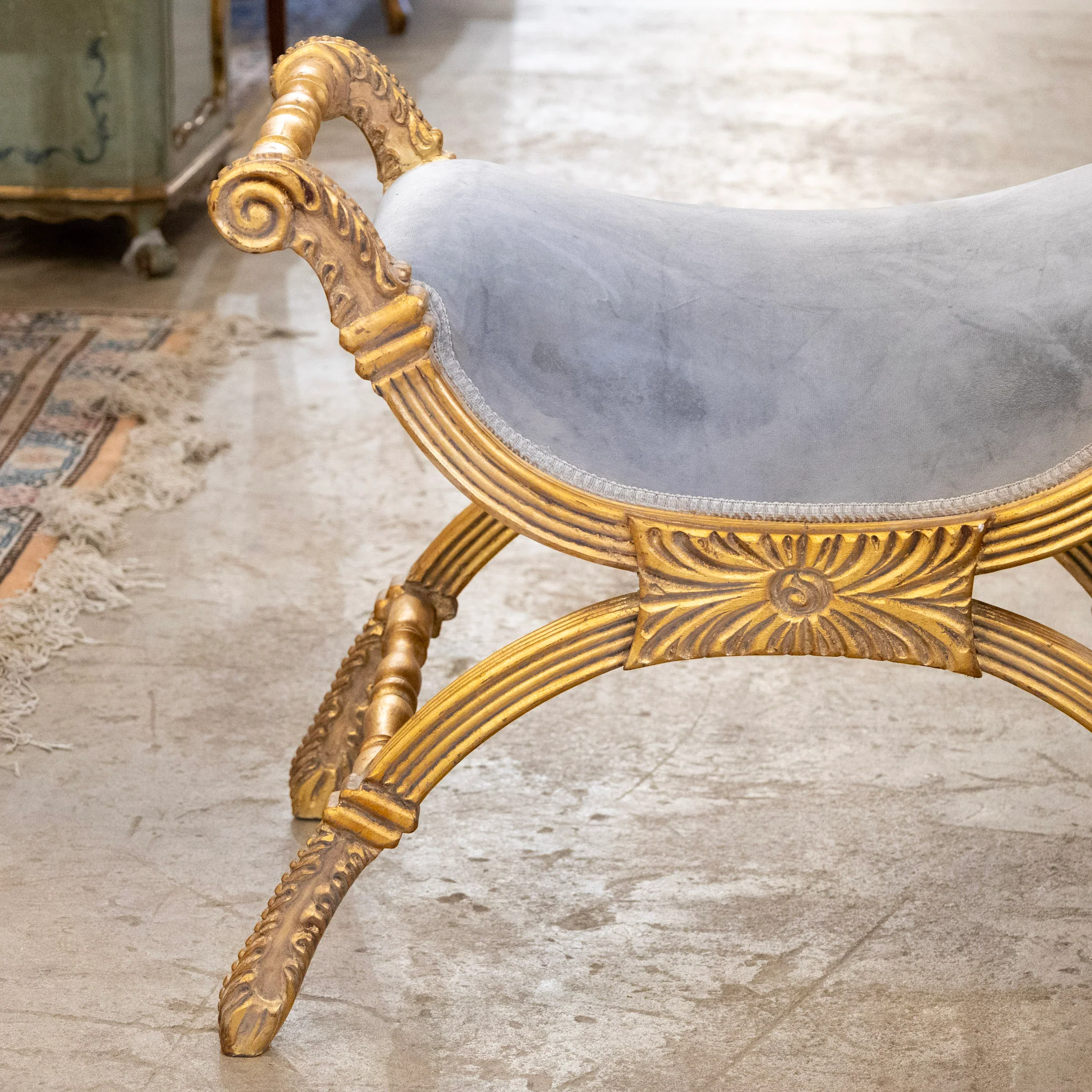 Gilded Boudoir Stool – Muted Blue Velvet Upholstery - Image 3