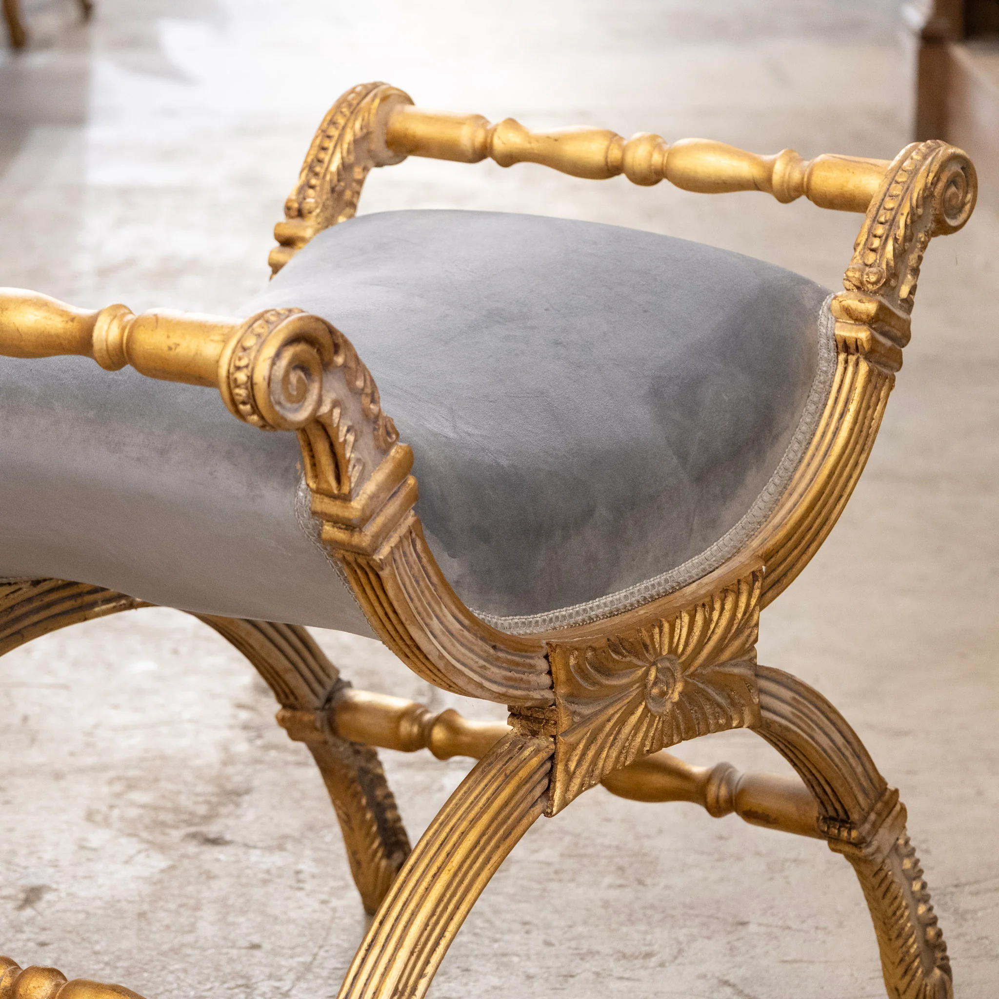 Gilded Boudoir Stool – Muted Blue Velvet Upholstery - Image 4