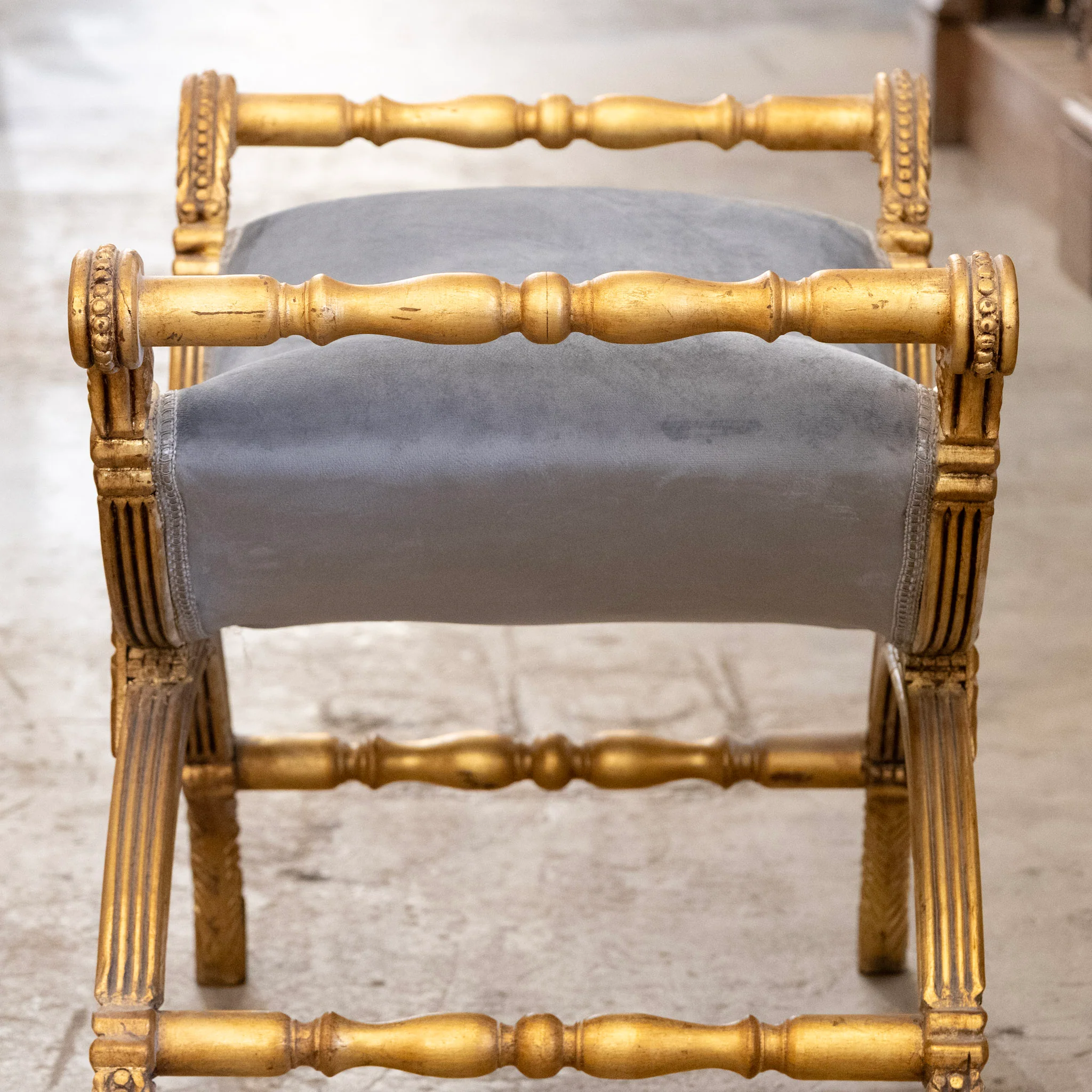 Gilded Boudoir Stool – Muted Blue Velvet Upholstery - Image 5