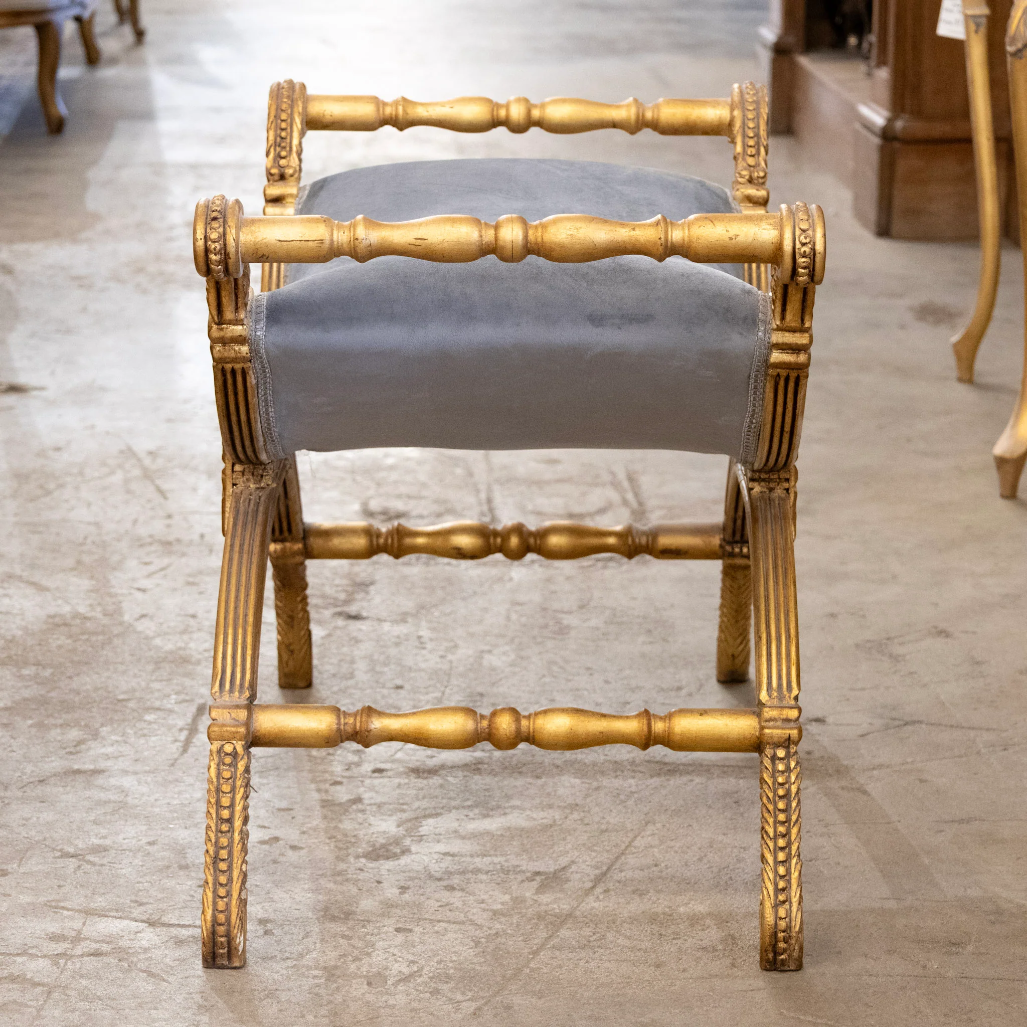 Gilded Boudoir Stool – Muted Blue Velvet Upholstery - Image 6