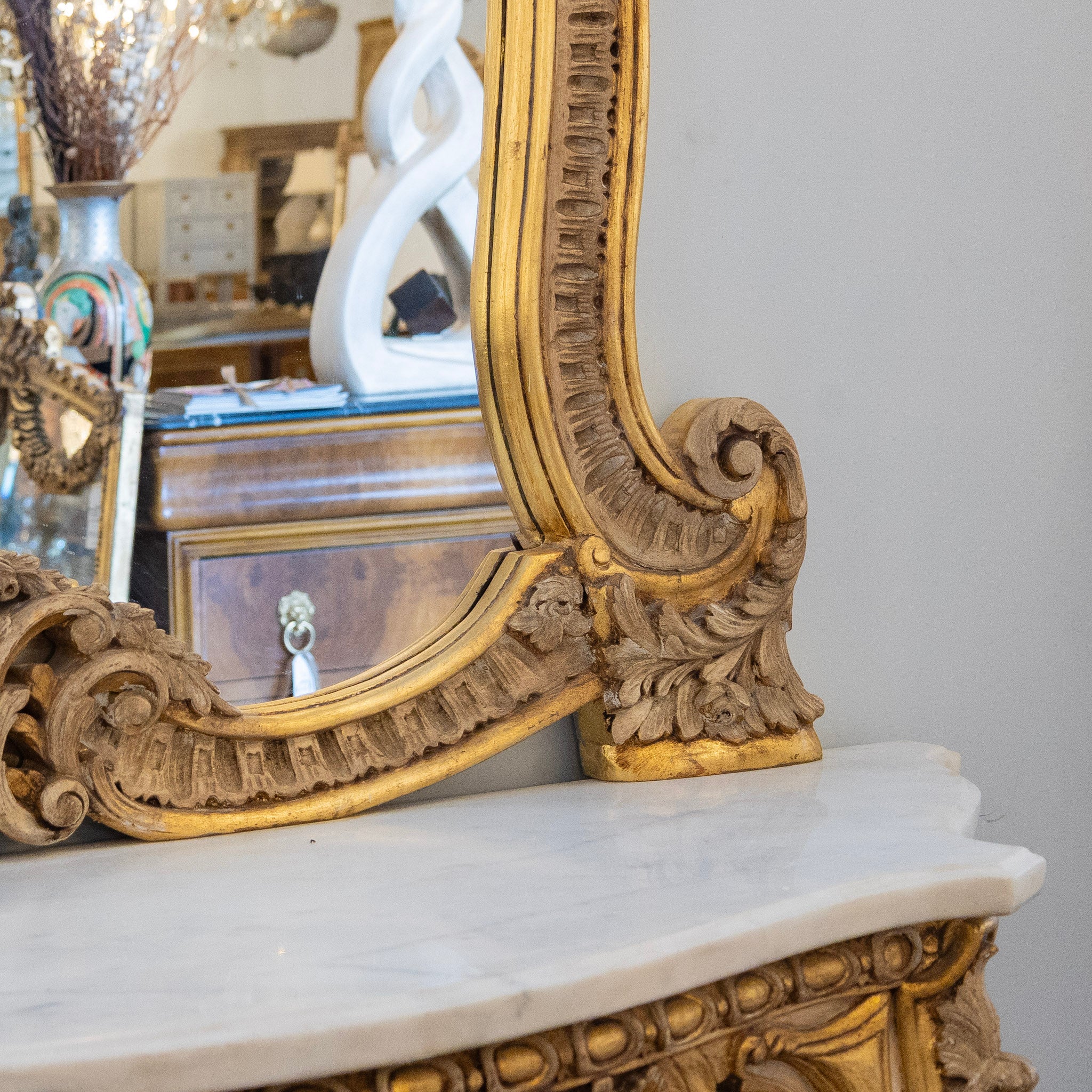 Gilded Rococo Mirror & Console – Ornate Hand-Carved Scrollwork & White Marble Top - Image 12