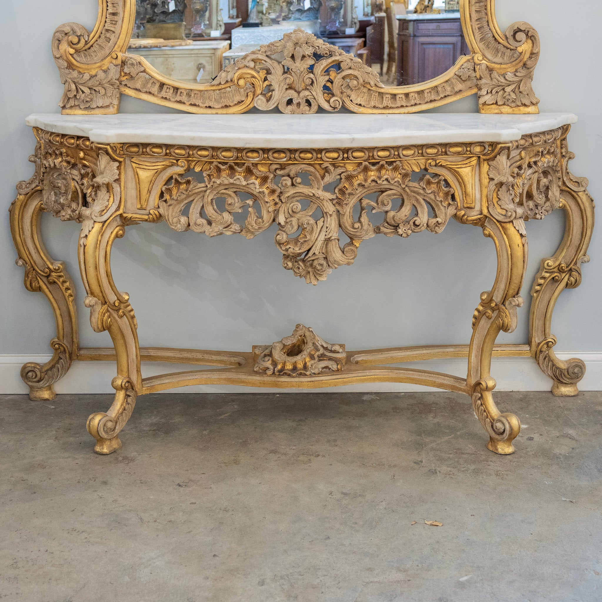 Gilded Rococo Mirror & Console – Ornate Hand-Carved Scrollwork & White Marble Top - Image 3