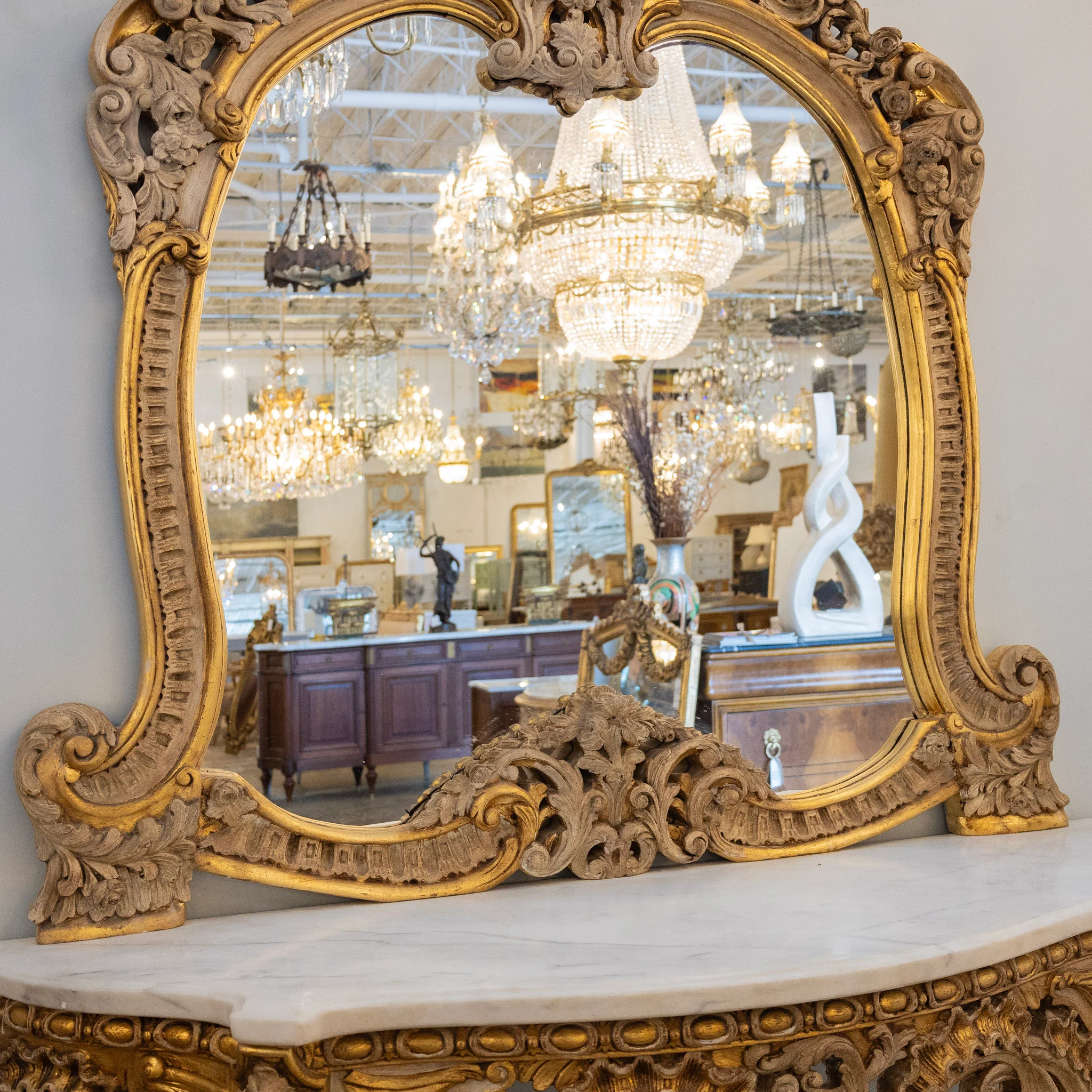 Gilded Rococo Mirror & Console – Ornate Hand-Carved Scrollwork & White Marble Top - Image 9