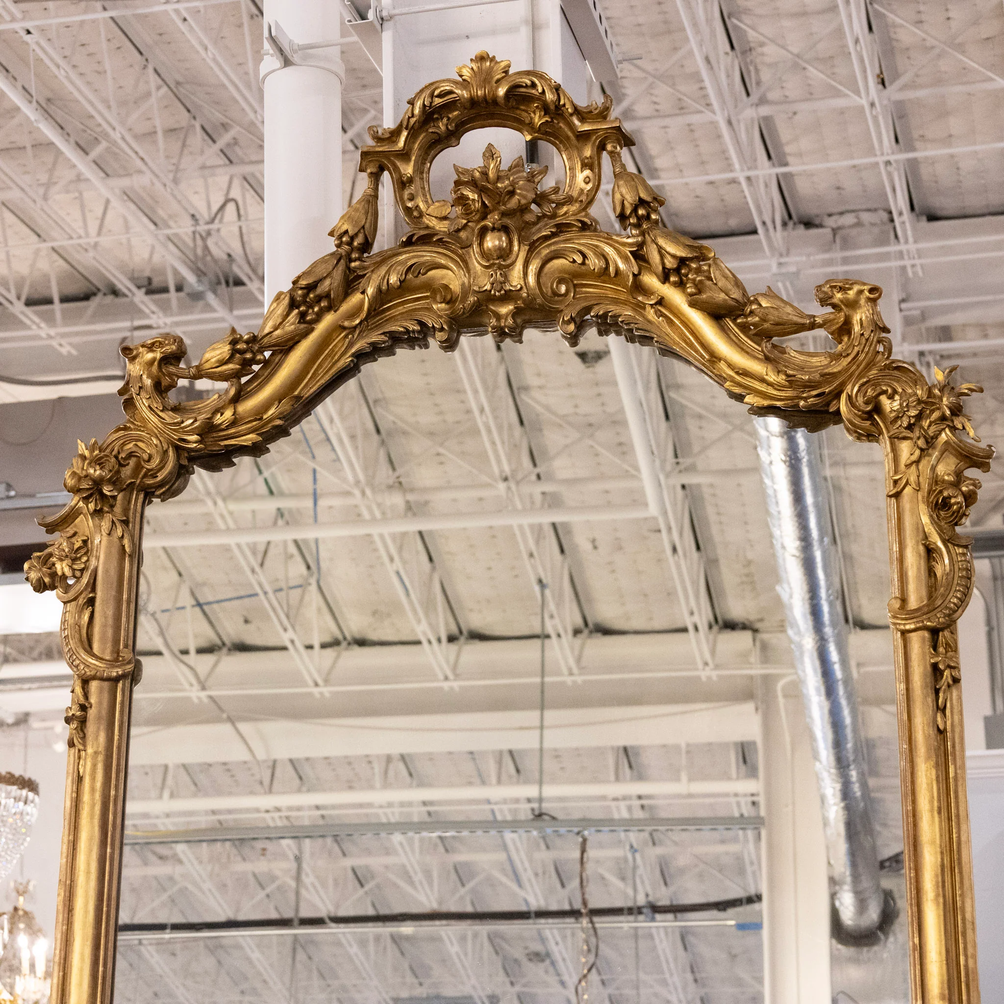 Grand French Gilded Mirror – Ornate Rococo Crest & Floral Carvings - Image 2