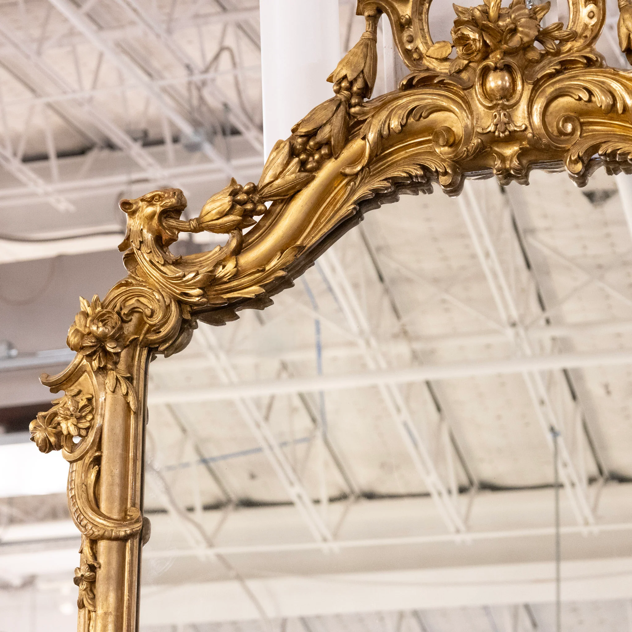 Grand French Gilded Mirror – Ornate Rococo Crest & Floral Carvings - Image 3