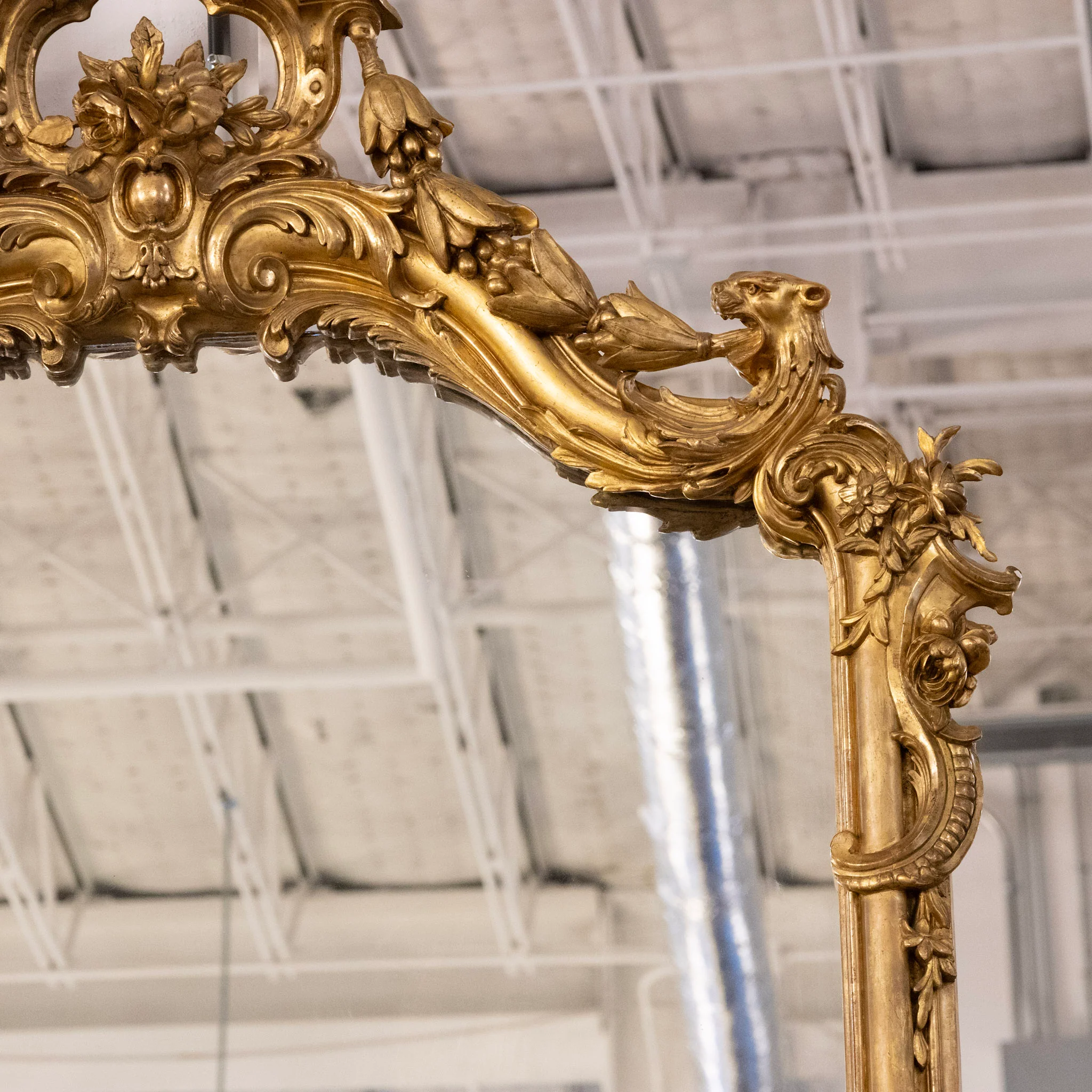 Grand French Gilded Mirror – Ornate Rococo Crest & Floral Carvings - Image 4