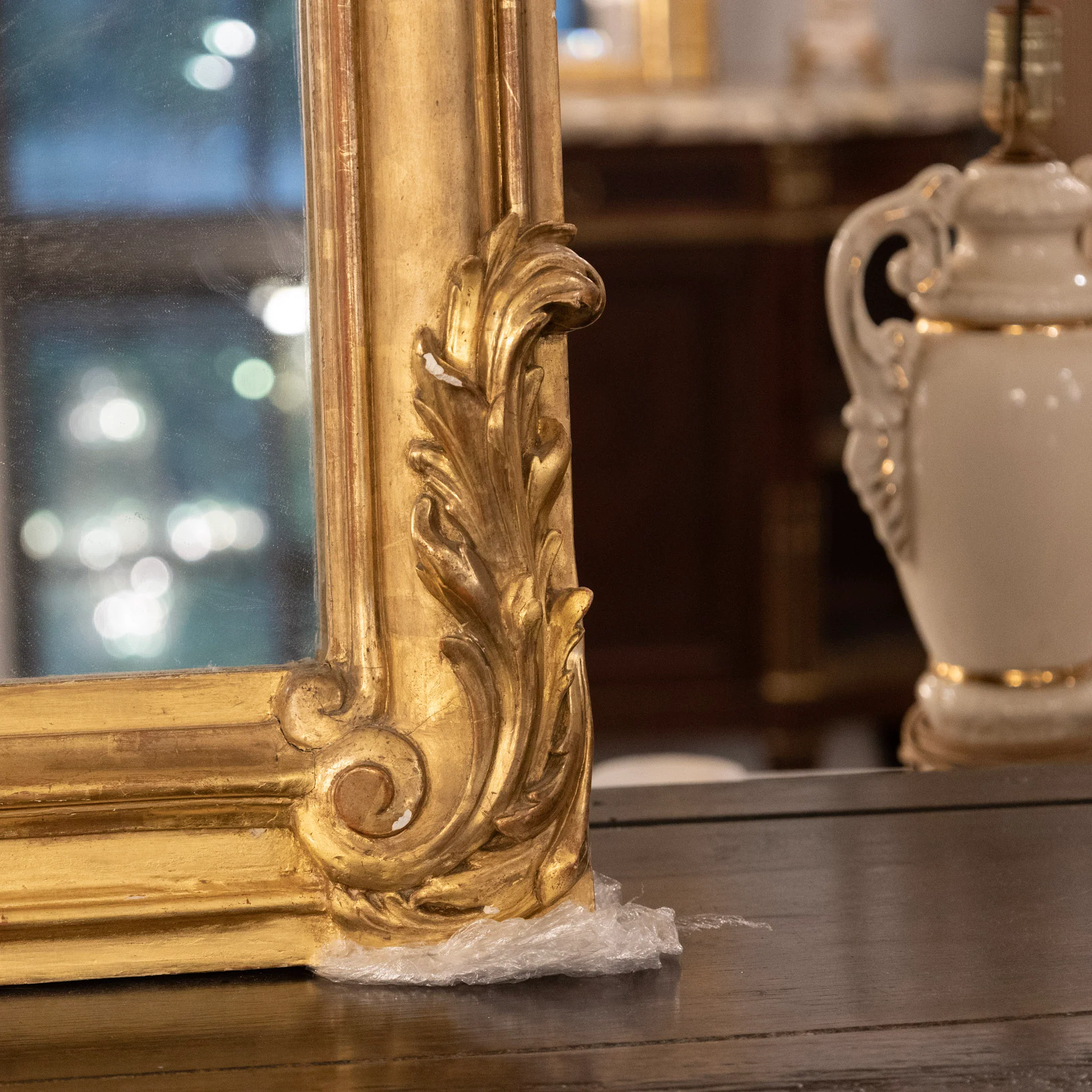 Grand French Gilded Mirror – Ornate Rococo Crest & Floral Carvings - Image 7