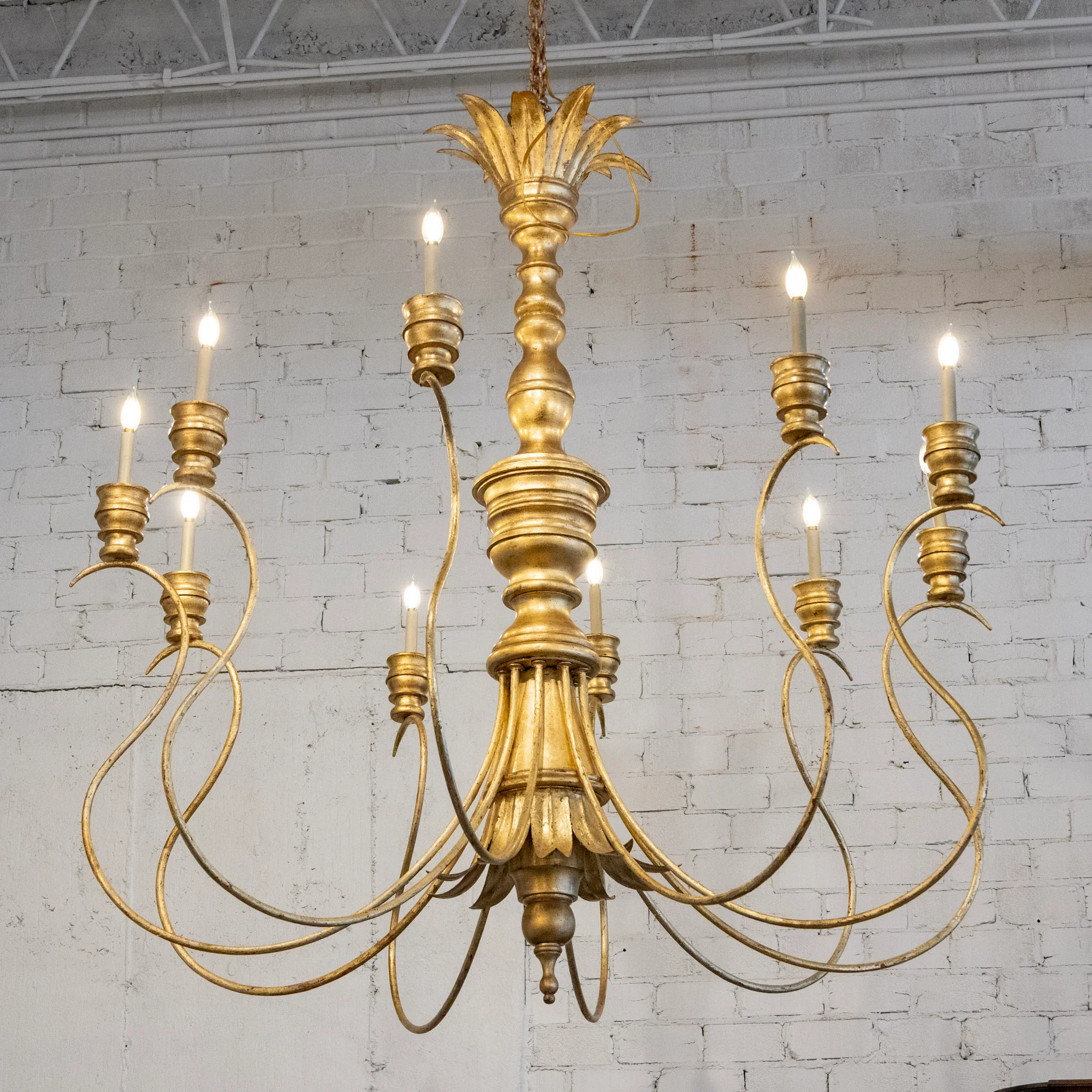 Grand Candelabra Brass Chandelier - Leaf Crown & Curved Arms - Image 2