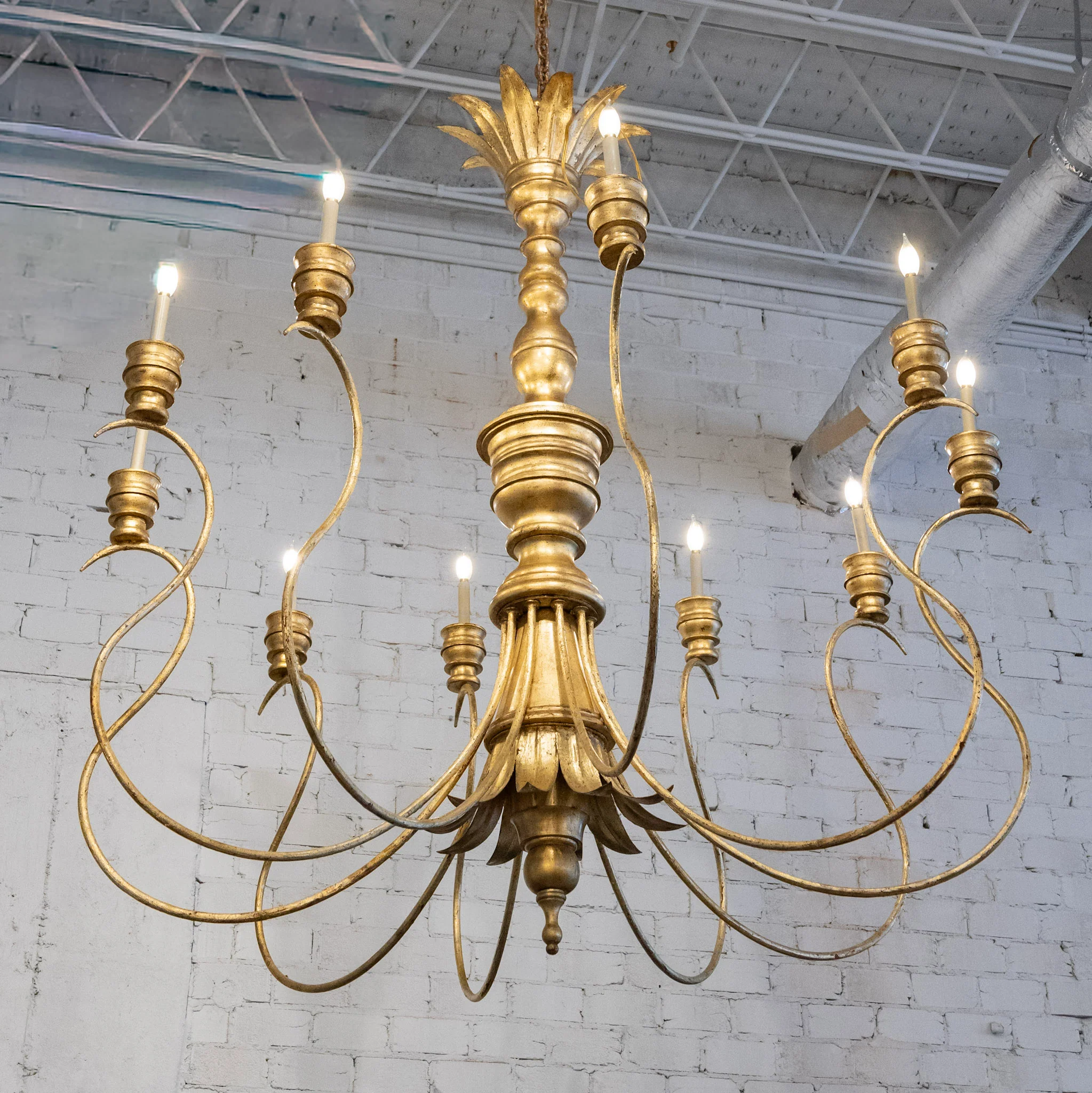 Grand Candelabra Brass Chandelier - Leaf Crown & Curved Arms - Image 3