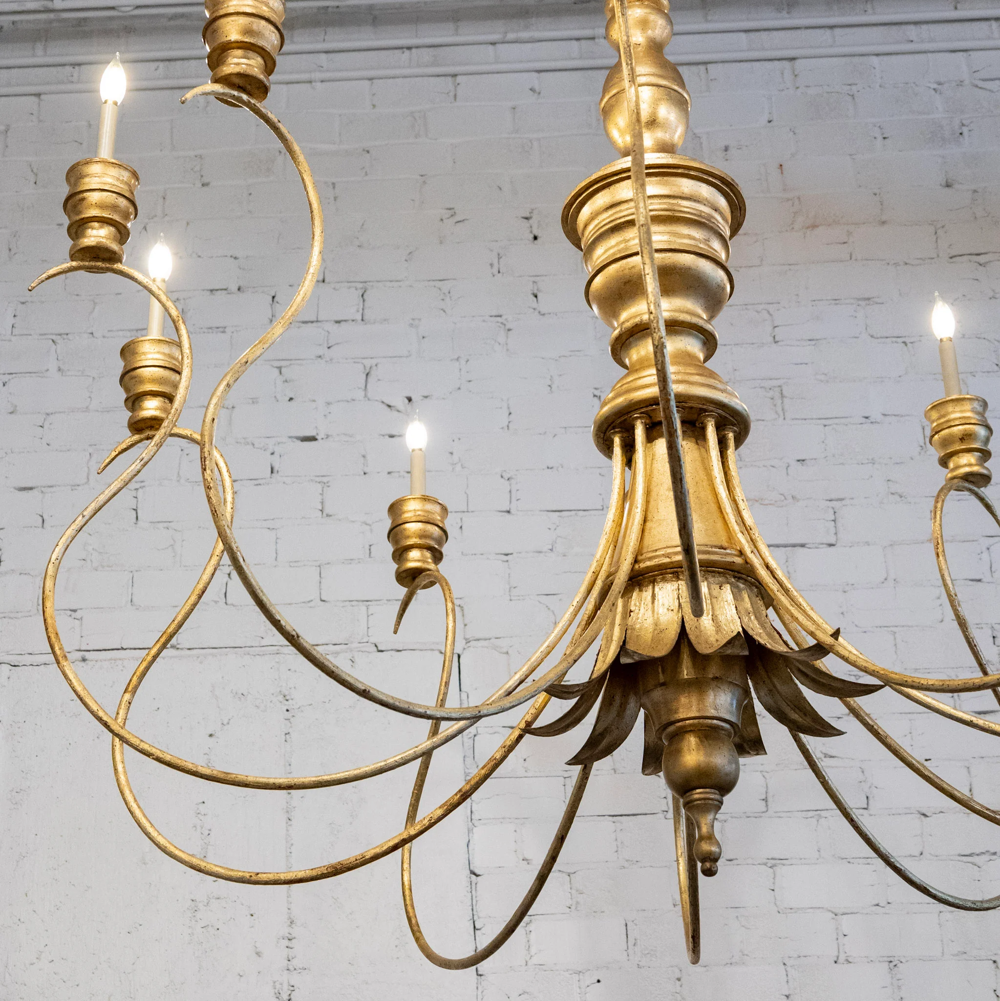 Grand Candelabra Brass Chandelier - Leaf Crown & Curved Arms - Image 4