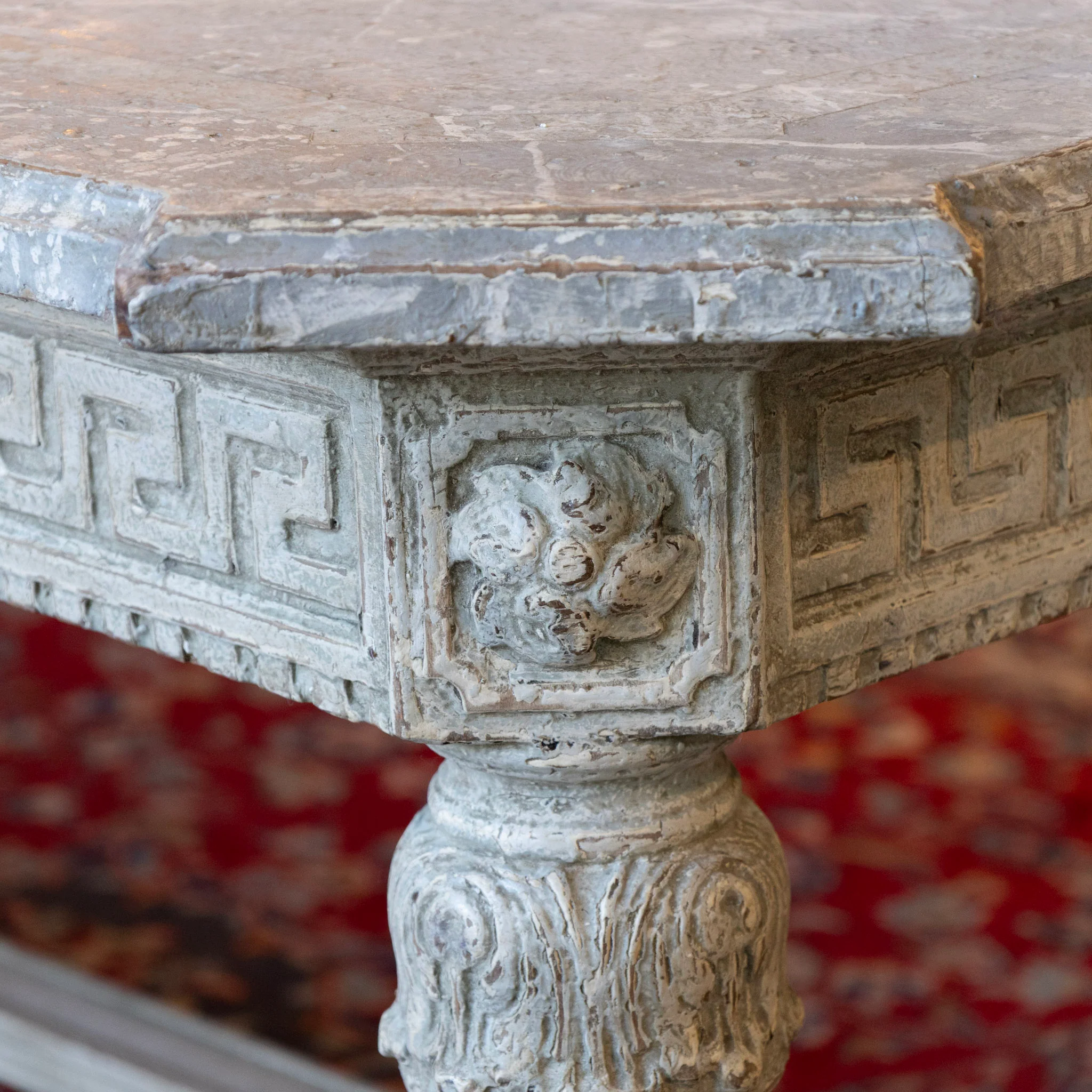 Grand European Neoclassical Hand-Carved Dining Table – Grey & White Faux Marble Finish - Image 11