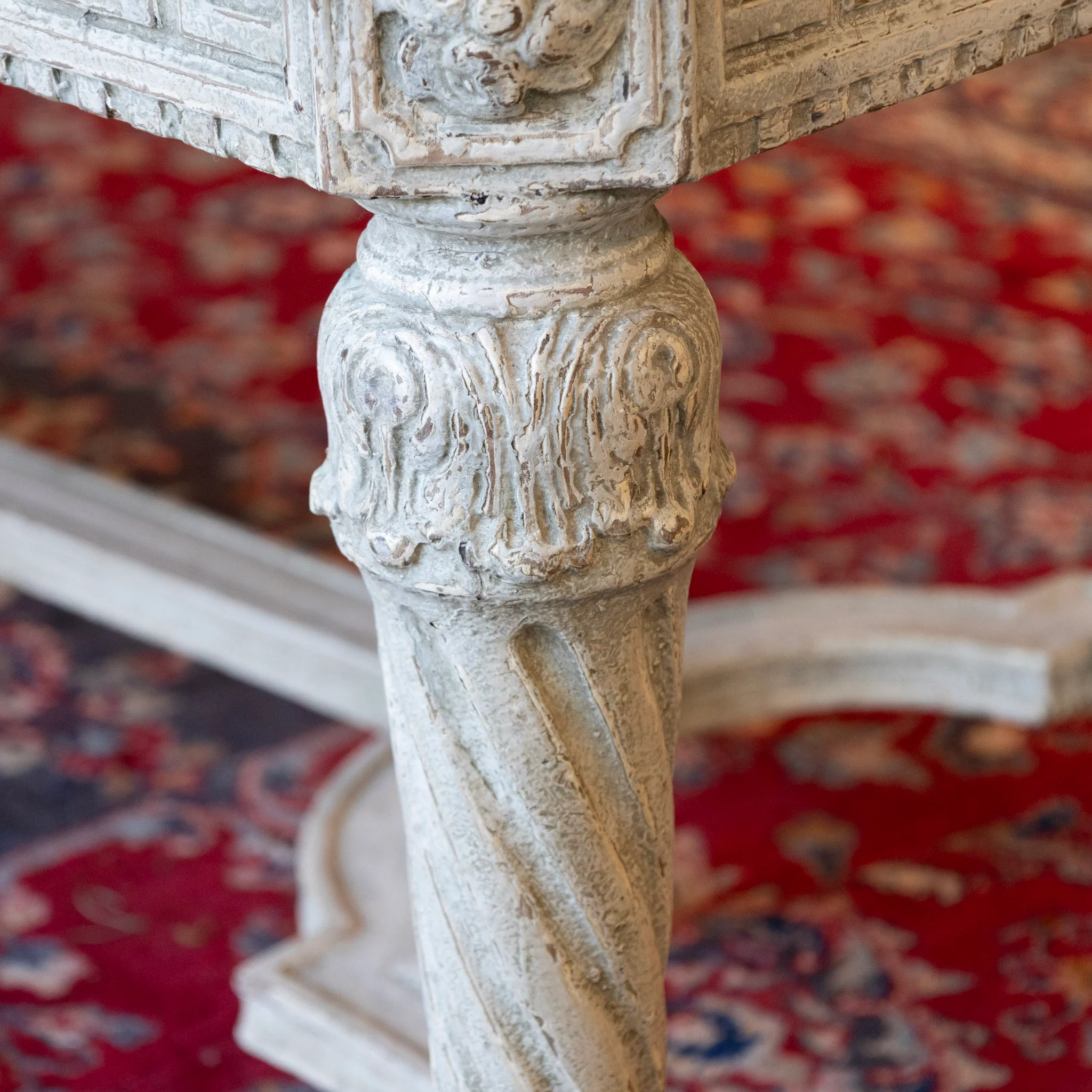 Grand European Neoclassical Hand-Carved Dining Table – Grey & White Faux Marble Finish - Image 12
