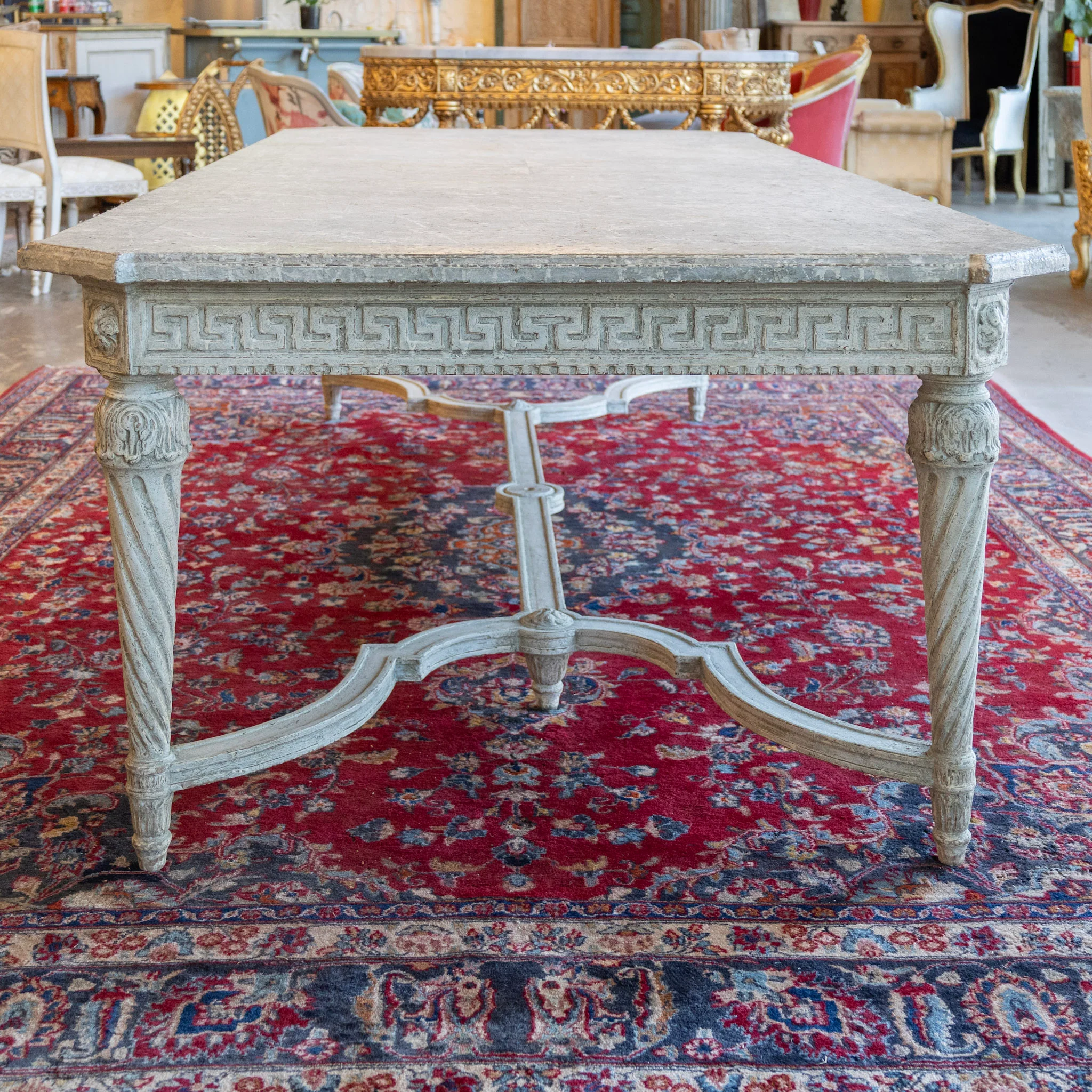 Grand European Neoclassical Hand-Carved Dining Table – Grey & White Faux Marble Finish - Image 16