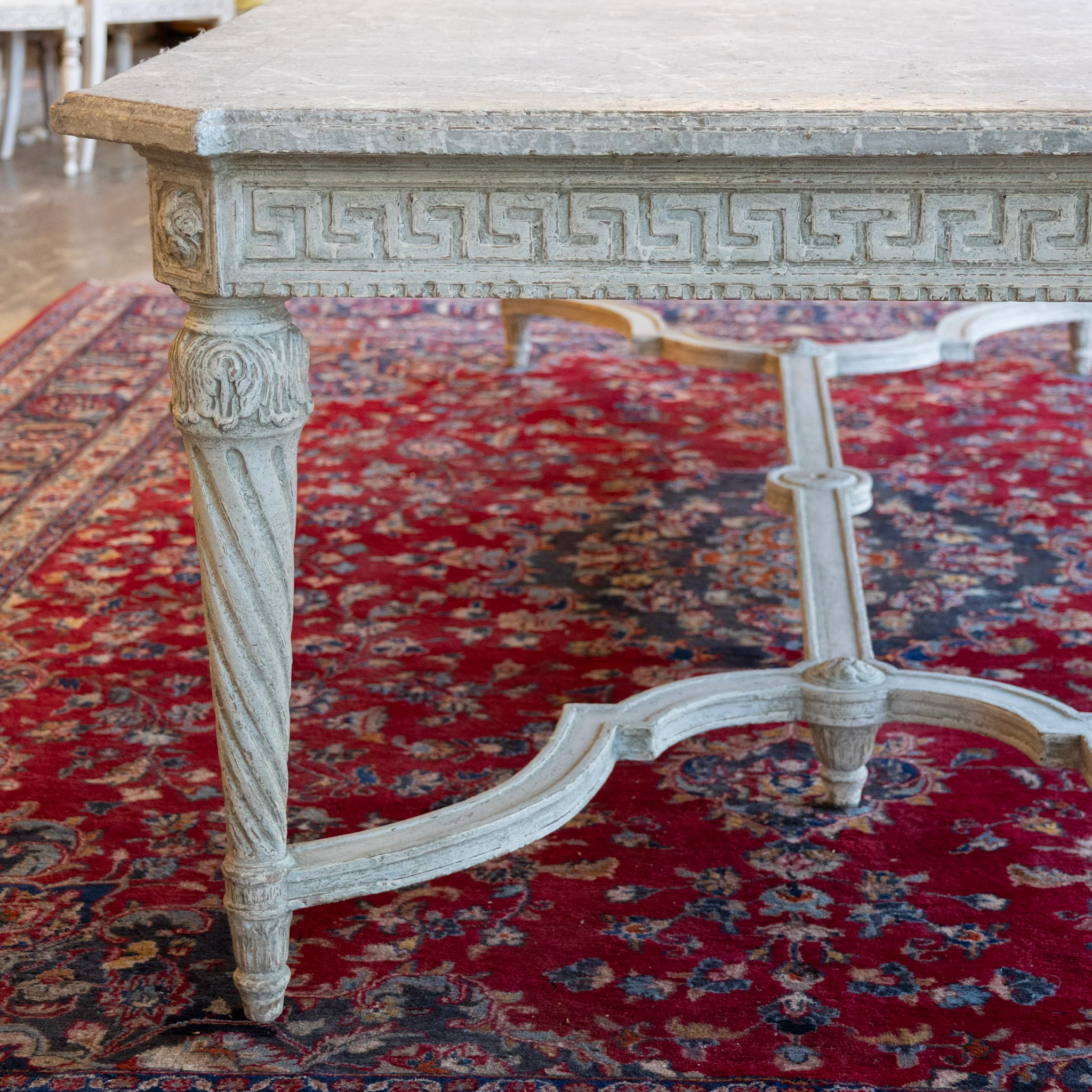 Grand European Neoclassical Hand-Carved Dining Table – Grey & White Faux Marble Finish - Image 17