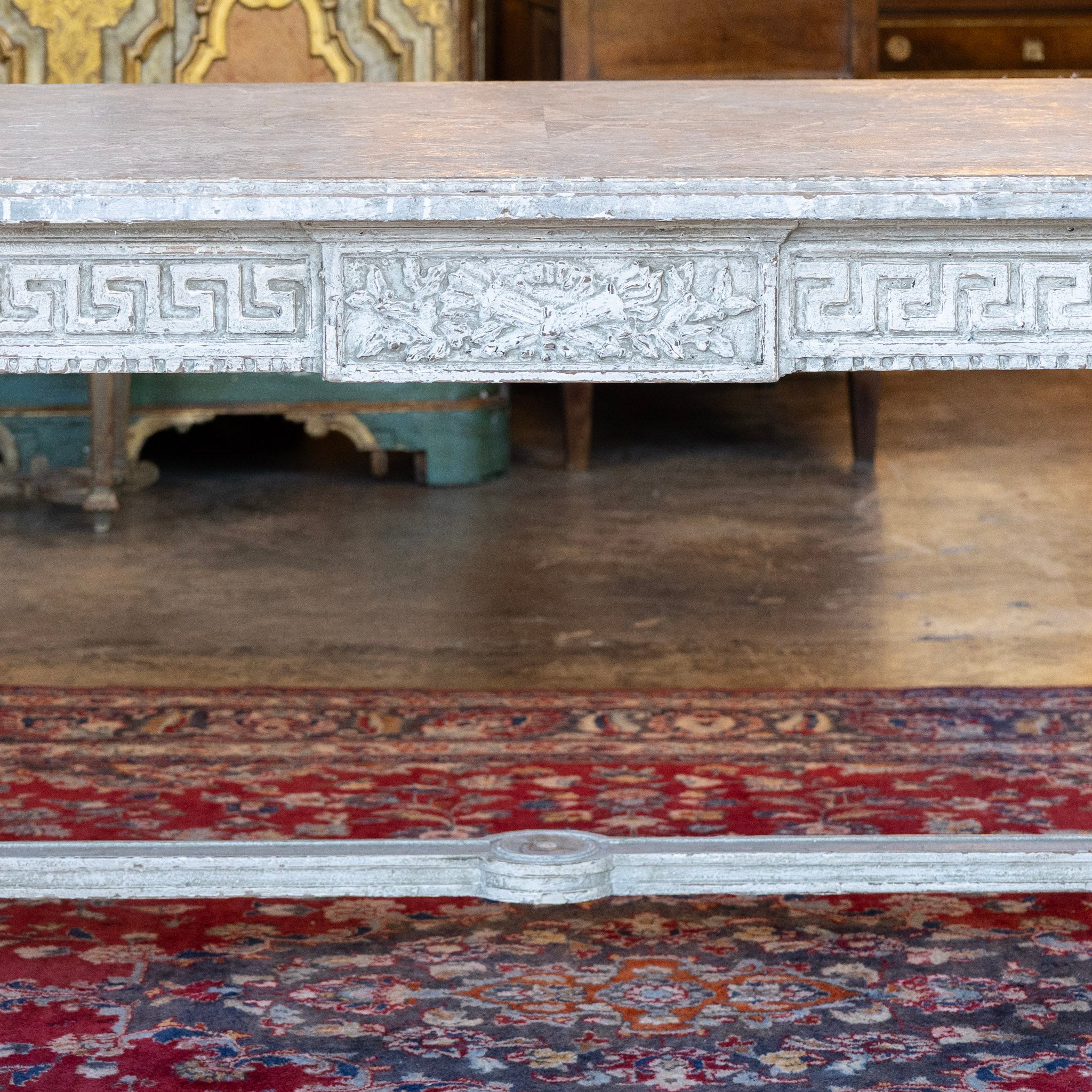 Grand European Neoclassical Hand-Carved Dining Table – Grey & White Faux Marble Finish - Image 3