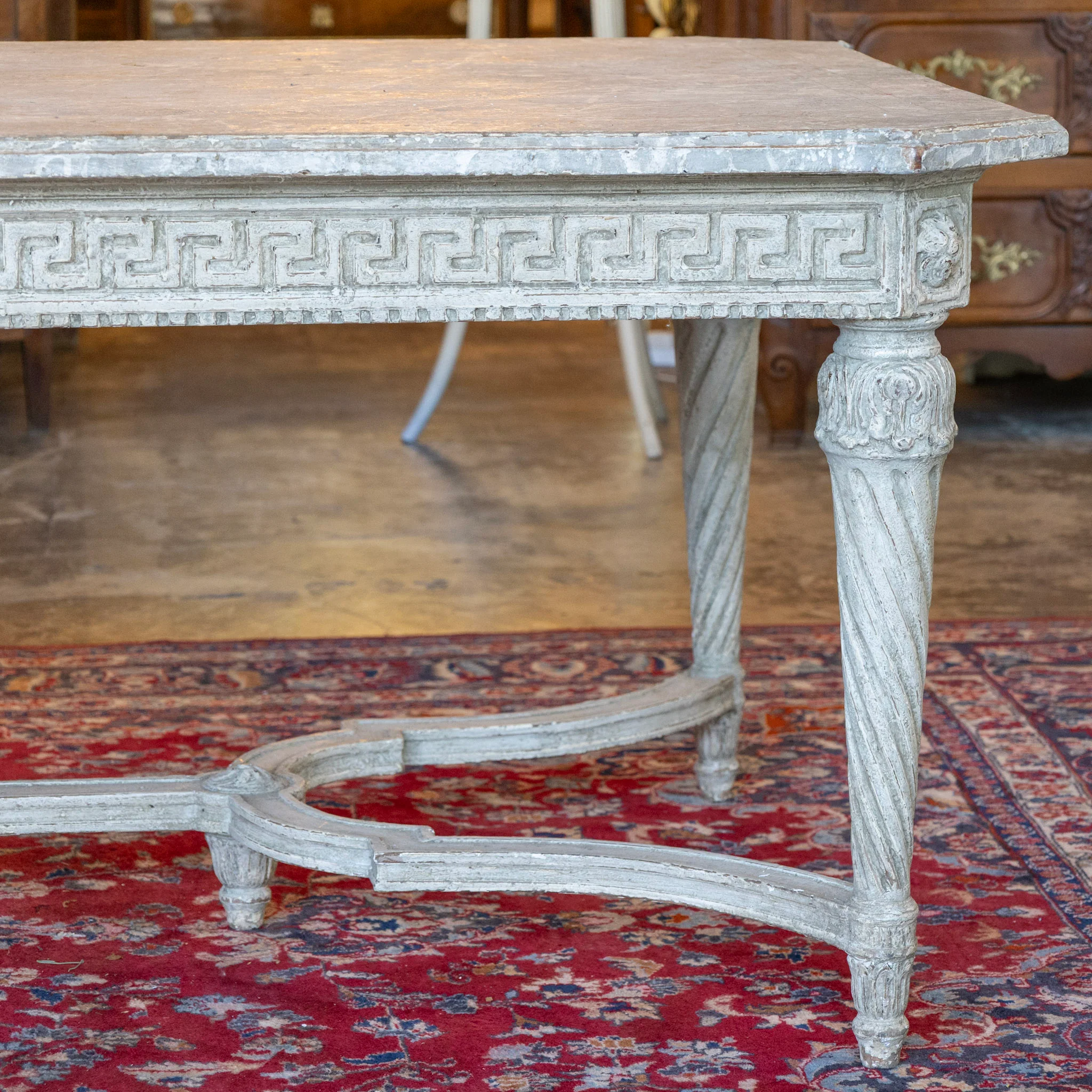 Grand European Neoclassical Hand-Carved Dining Table – Grey & White Faux Marble Finish - Image 4