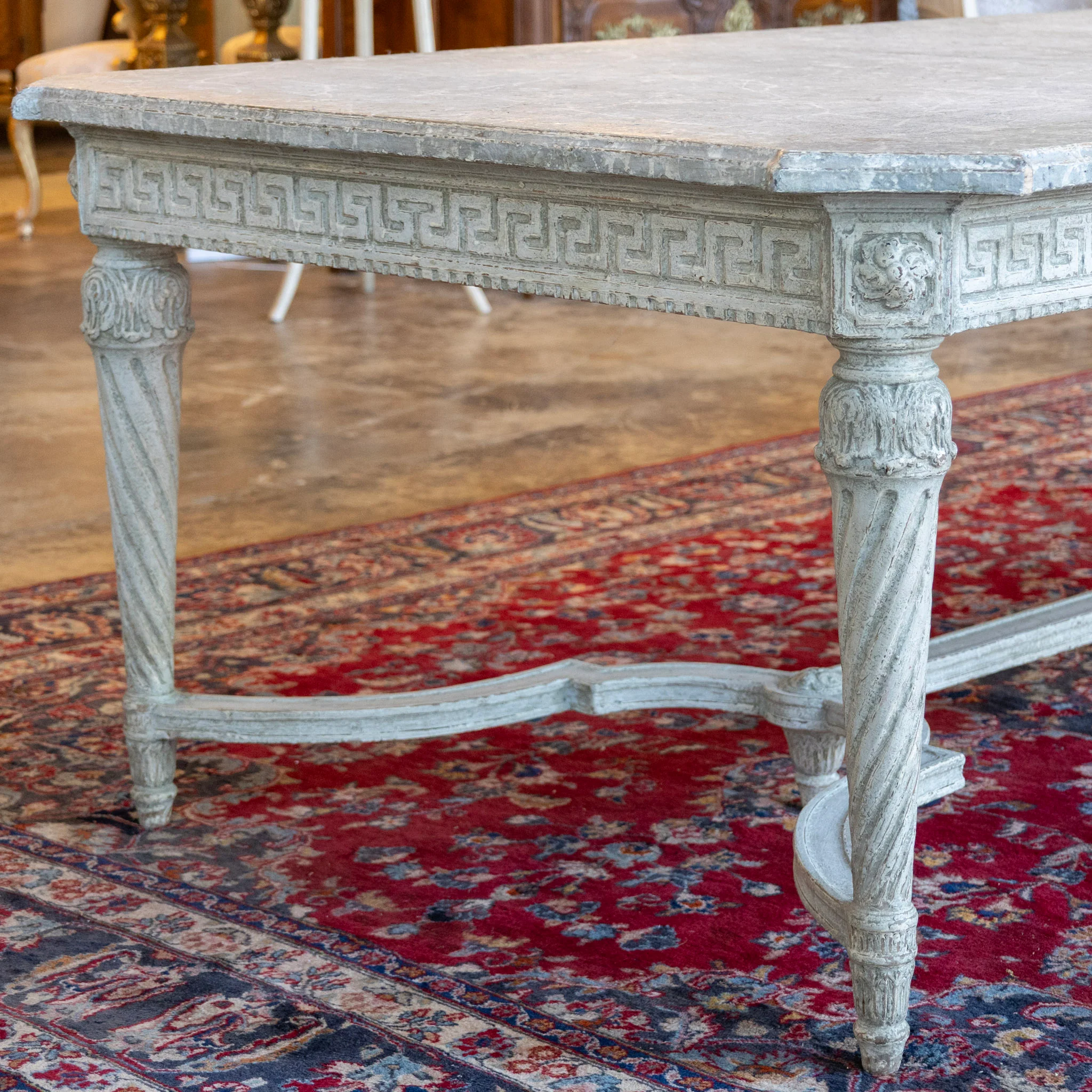 Grand European Neoclassical Hand-Carved Dining Table – Grey & White Faux Marble Finish - Image 5