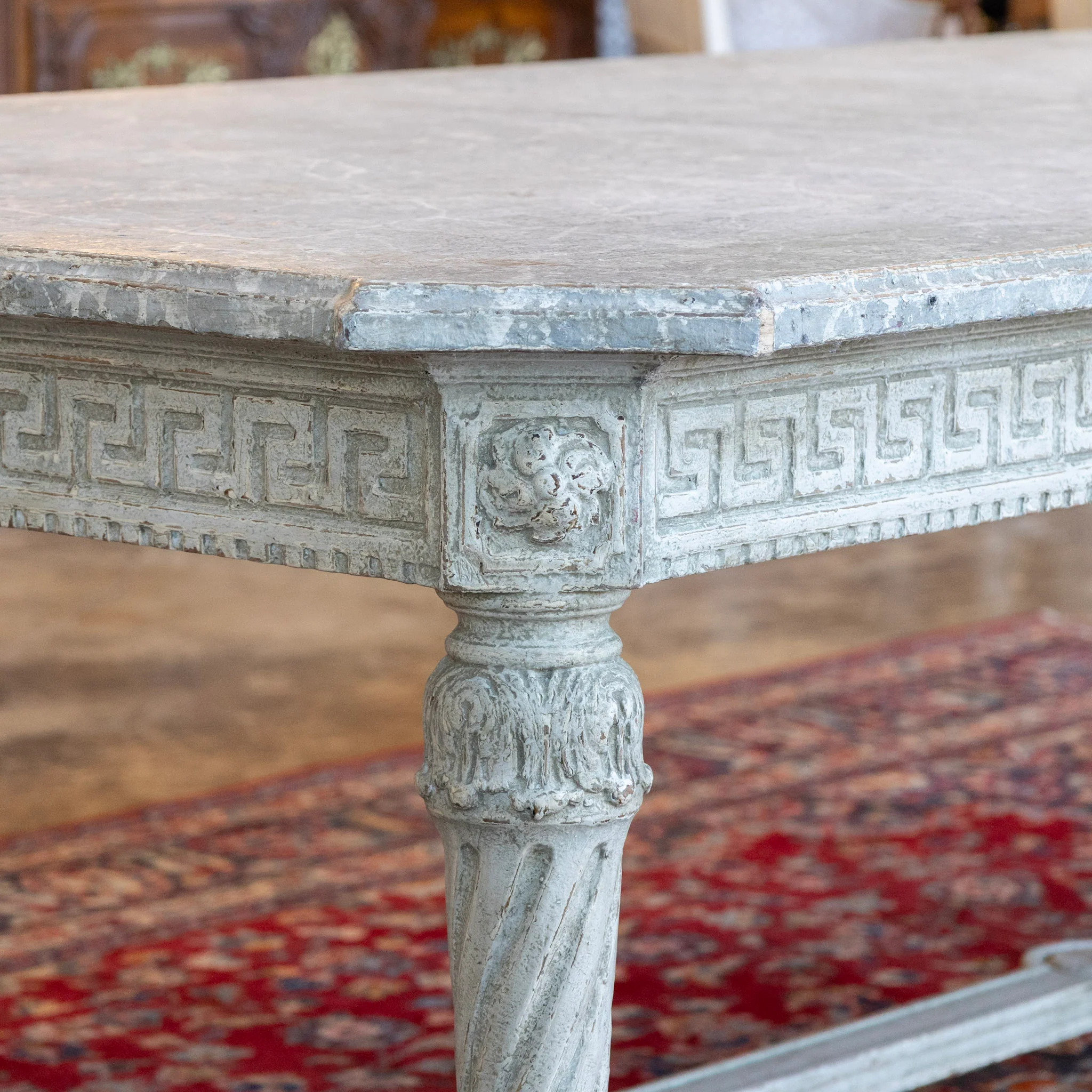 Grand European Neoclassical Hand-Carved Dining Table – Grey & White Faux Marble Finish - Image 6