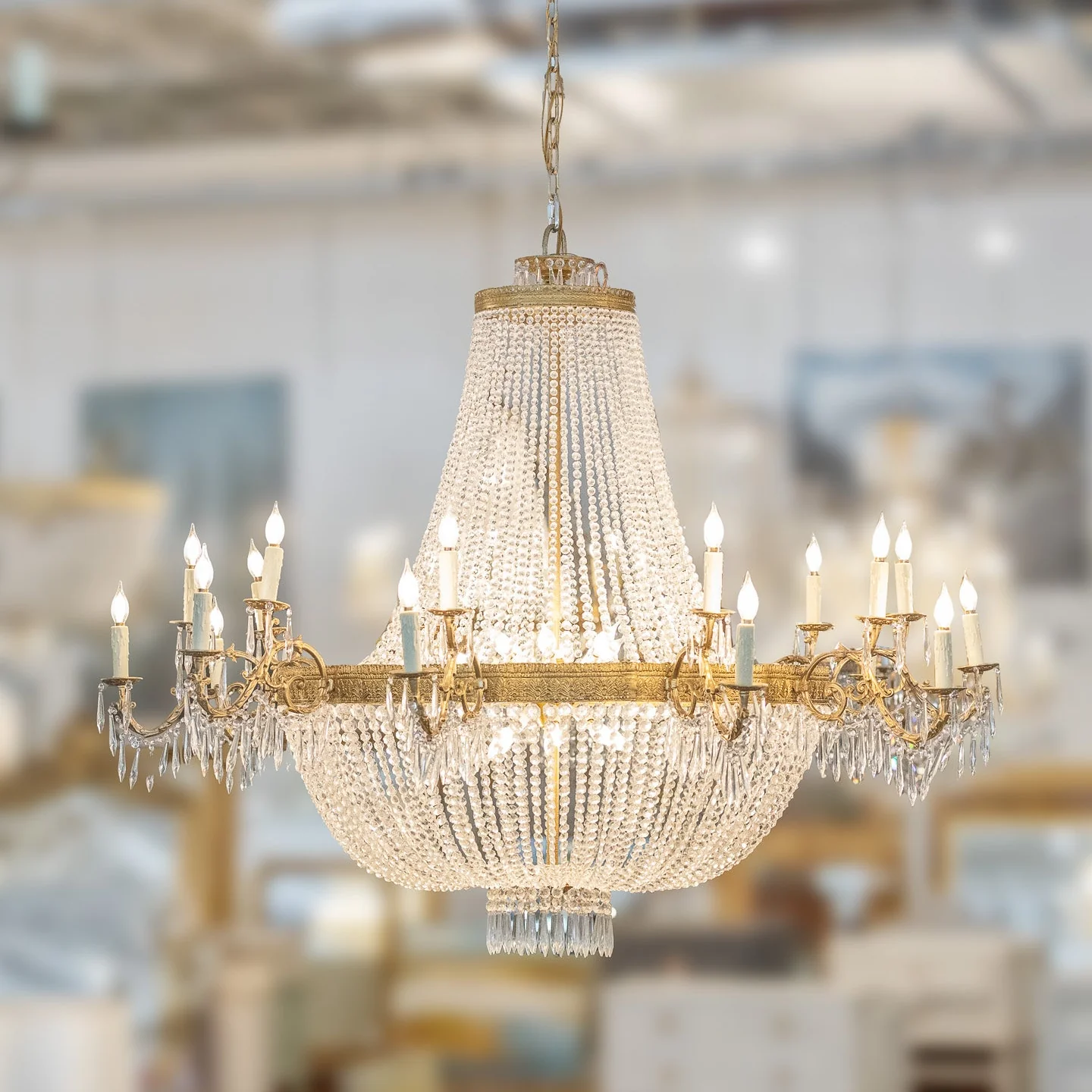 Grand French Empire Basket Chandelier - Beaded Crystal & Scroll Arms with Icicle Drops