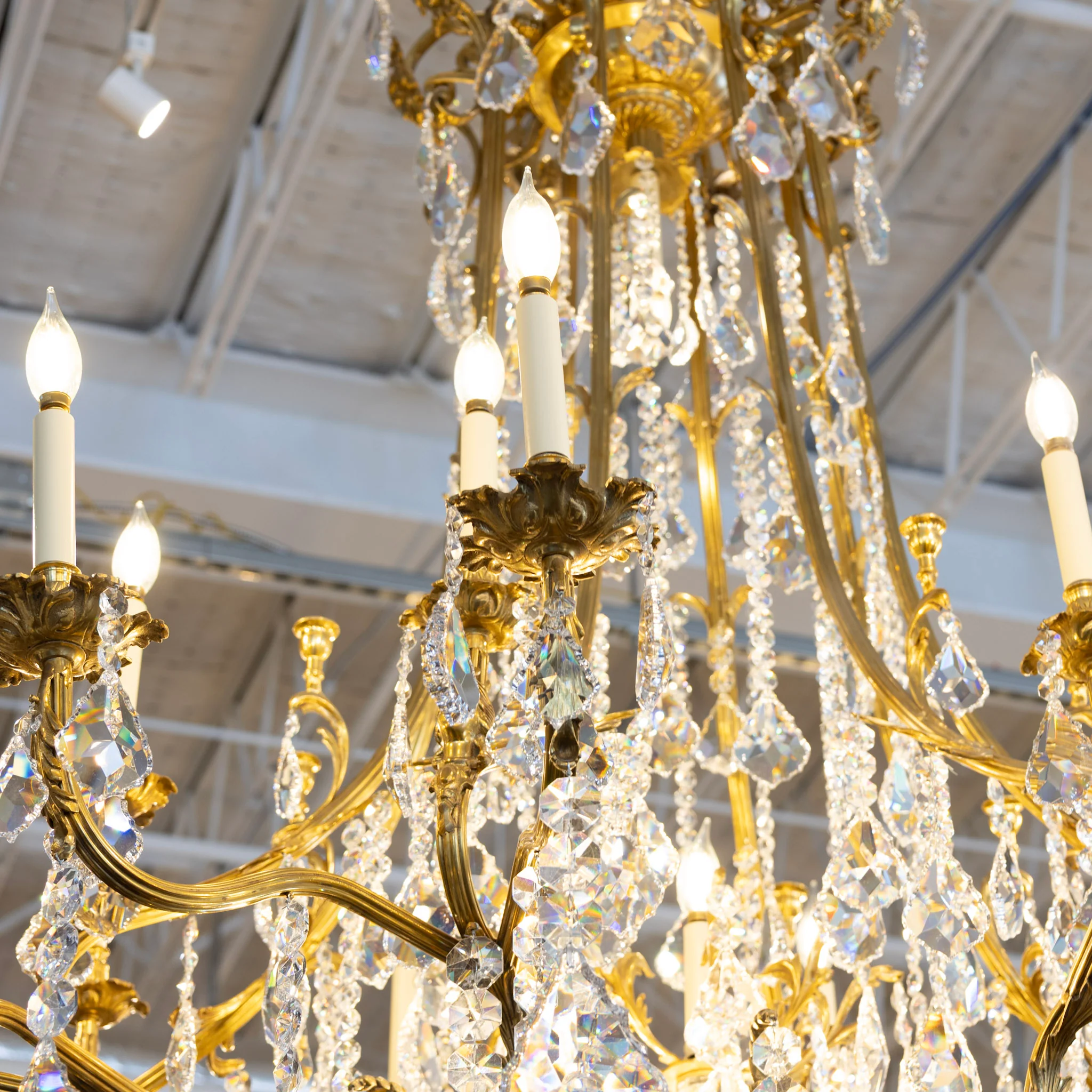 Grand French Empire Candelabra Chandelier – Brass Leaf Trim & Crystals Drops - Image 3