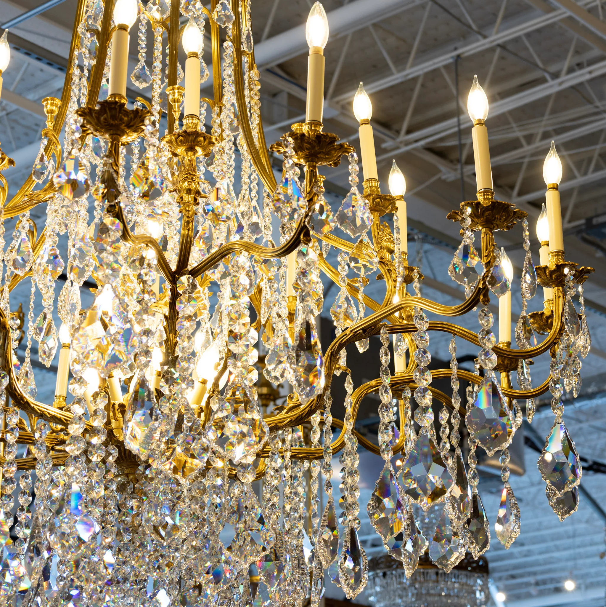 Grand French Empire Candelabra Chandelier – Brass Leaf Trim & Crystals Drops - Image 4