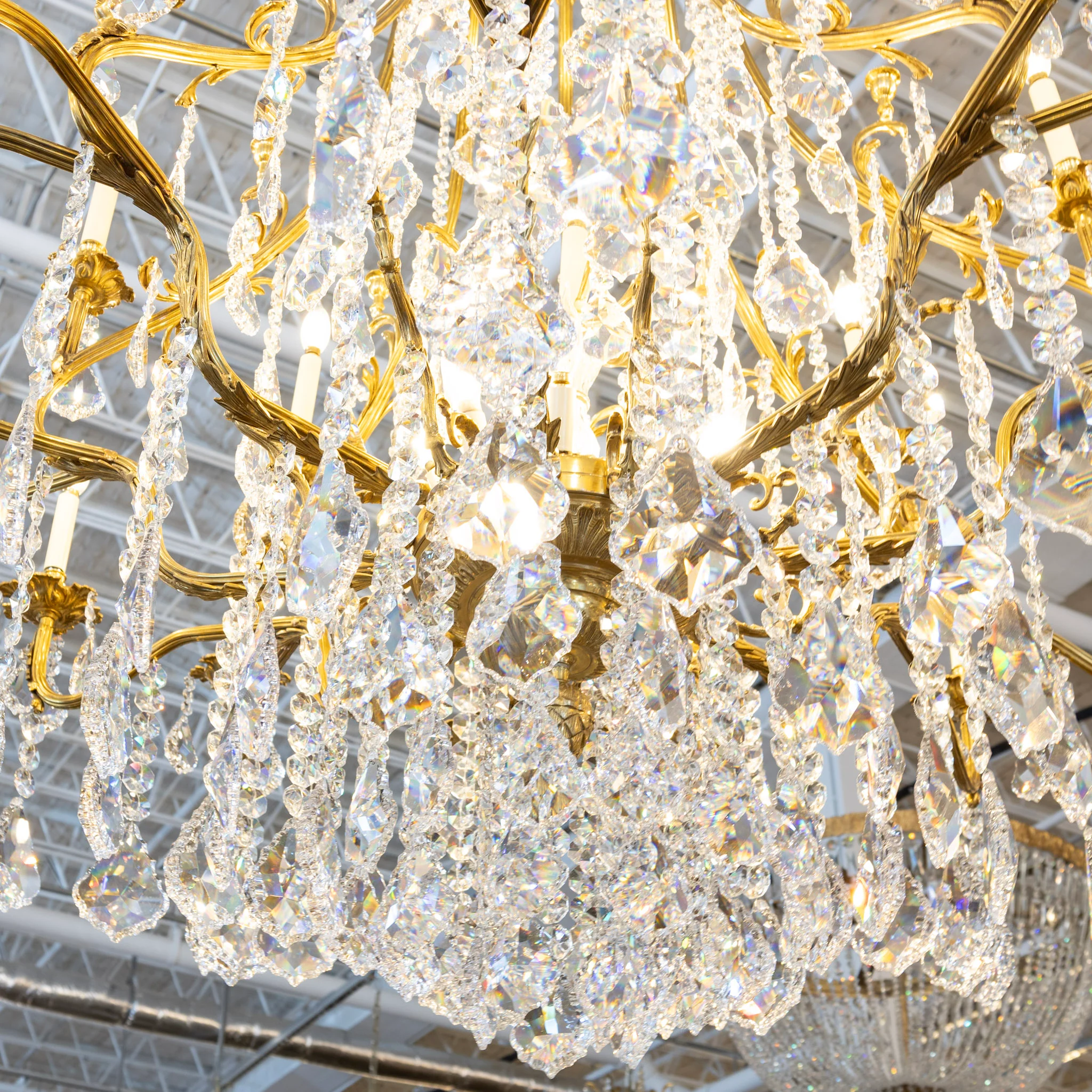 Grand French Empire Candelabra Chandelier – Brass Leaf Trim & Crystals Drops - Image 5