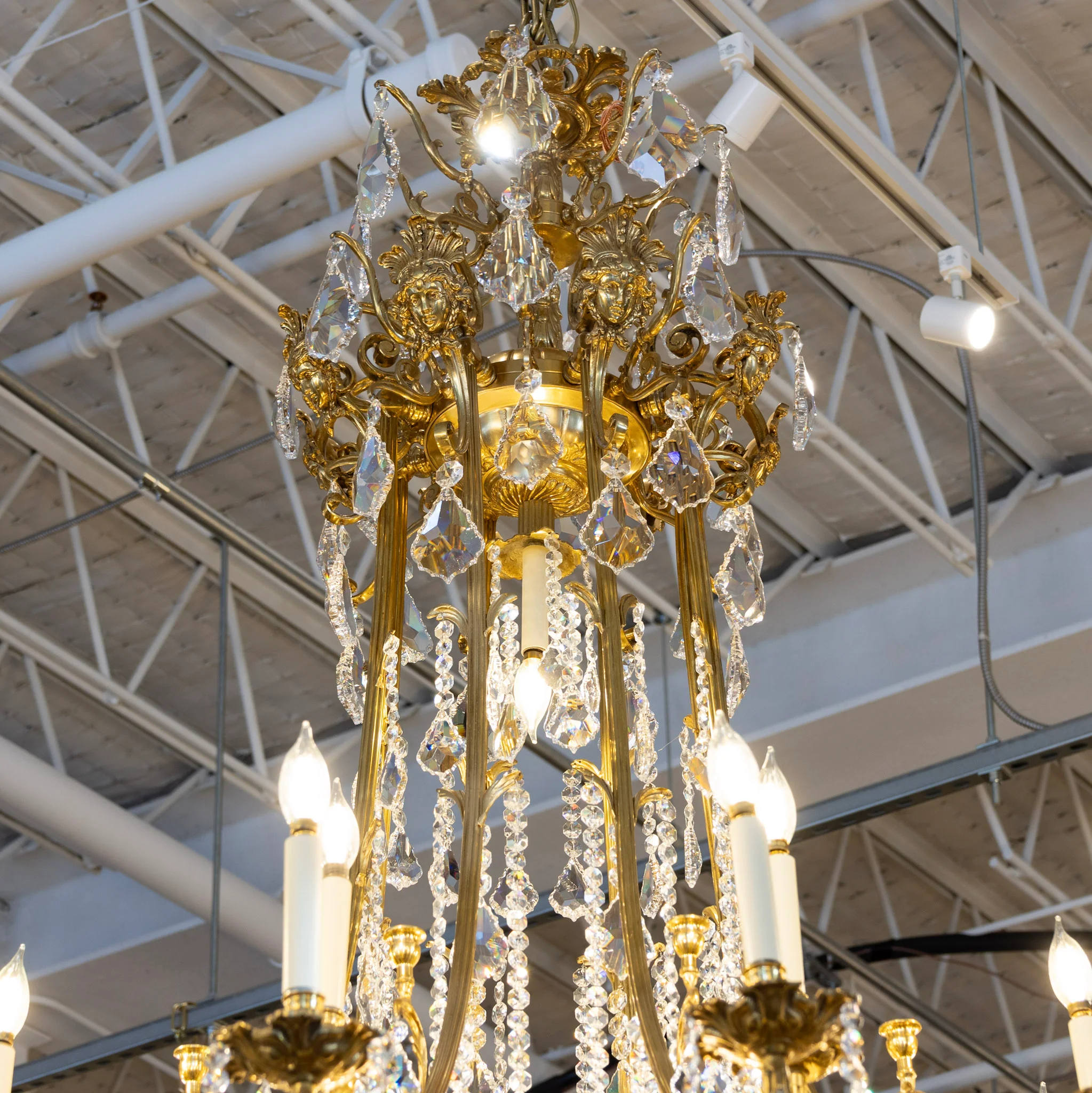 Grand French Empire Candelabra Chandelier – Brass Leaf Trim & Crystals Drops - Image 6